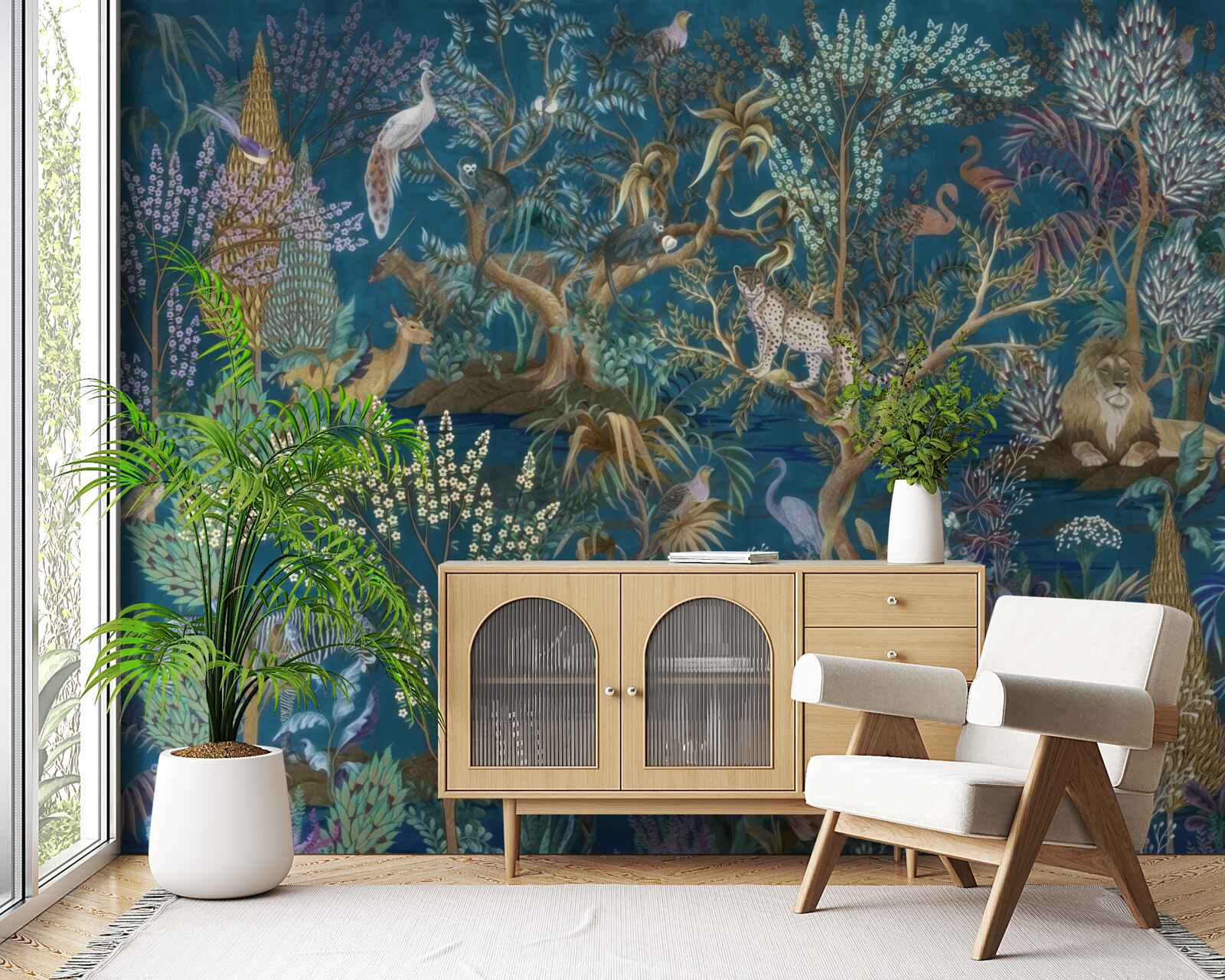 Fotobehang donkere achtergrond met afbeeldingen van planten en dieren