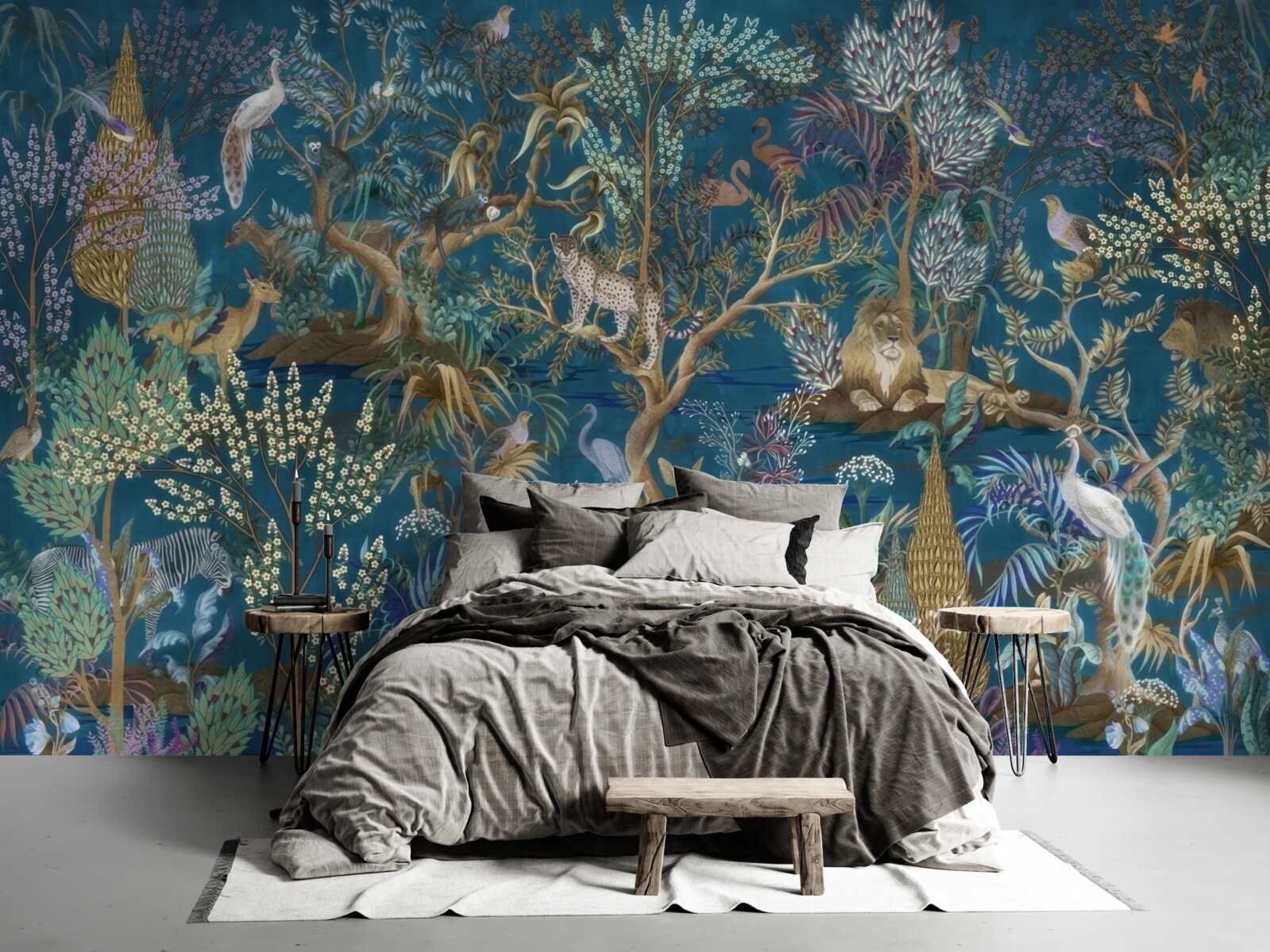 Fotobehang donkere achtergrond met afbeeldingen van planten en dieren