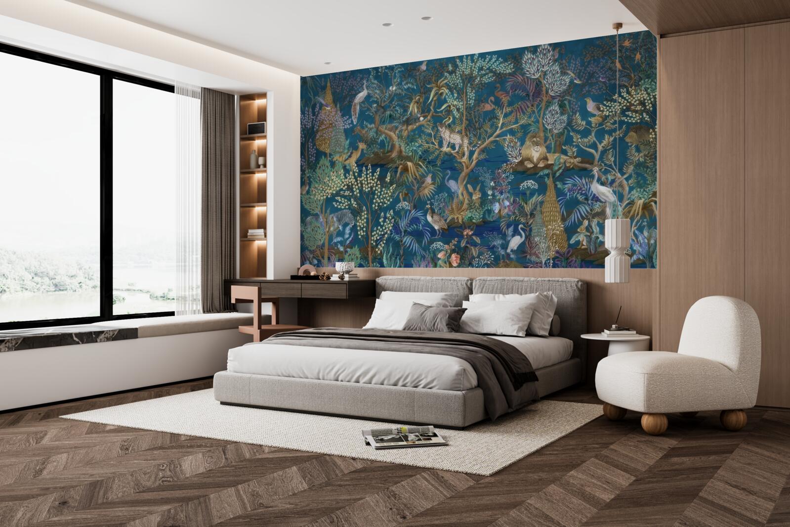 Fotobehang donkere achtergrond met afbeeldingen van planten en dieren