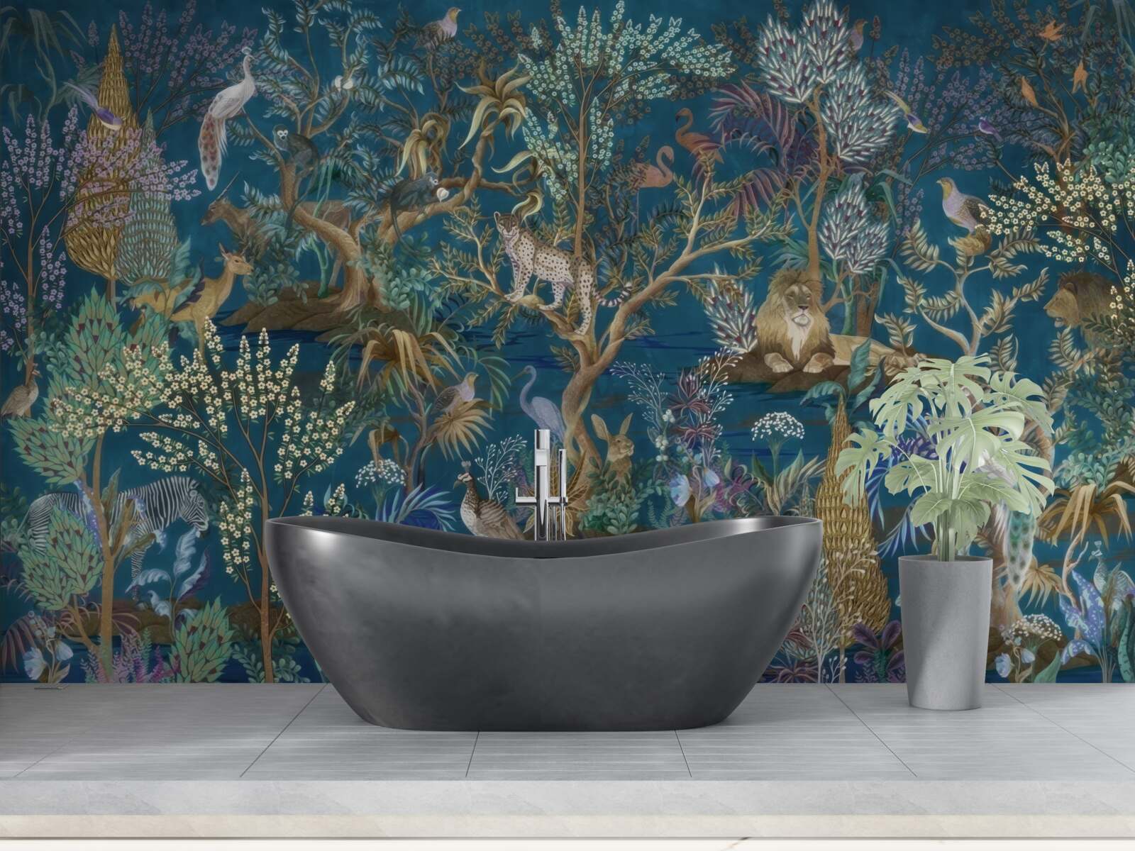 Fotobehang donkere achtergrond met afbeeldingen van planten en dieren