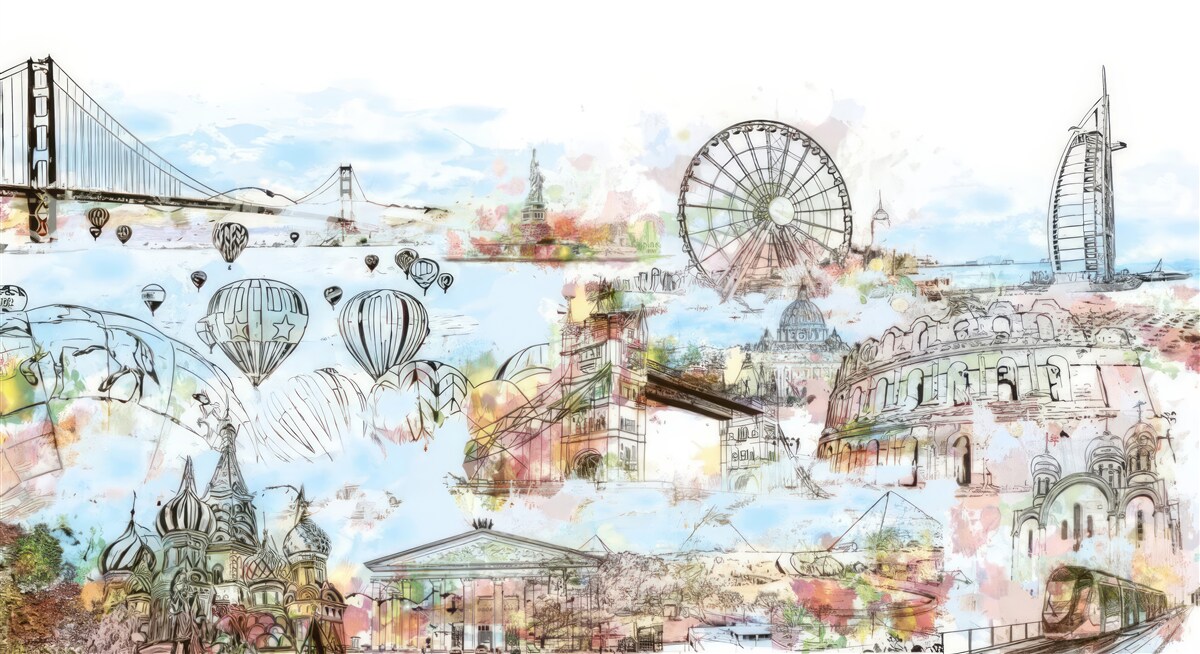 Fotobehang schetsen van verschillende bekende plaatsen