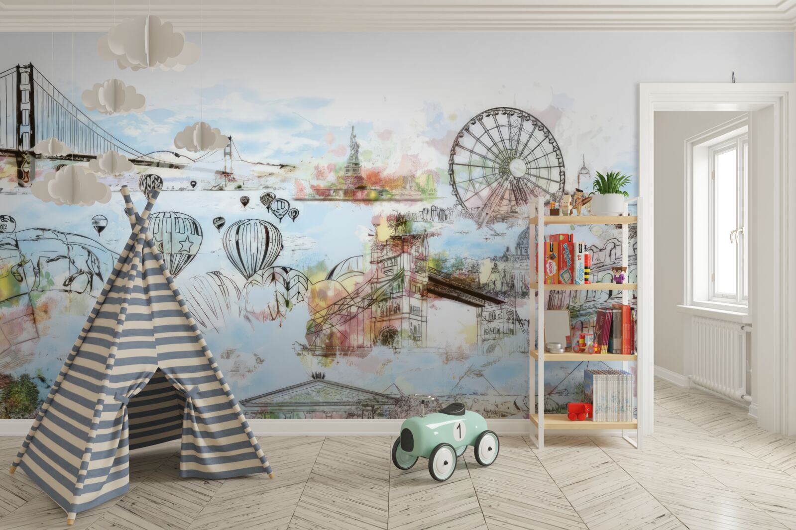 Fotobehang schetsen van verschillende bekende plaatsen