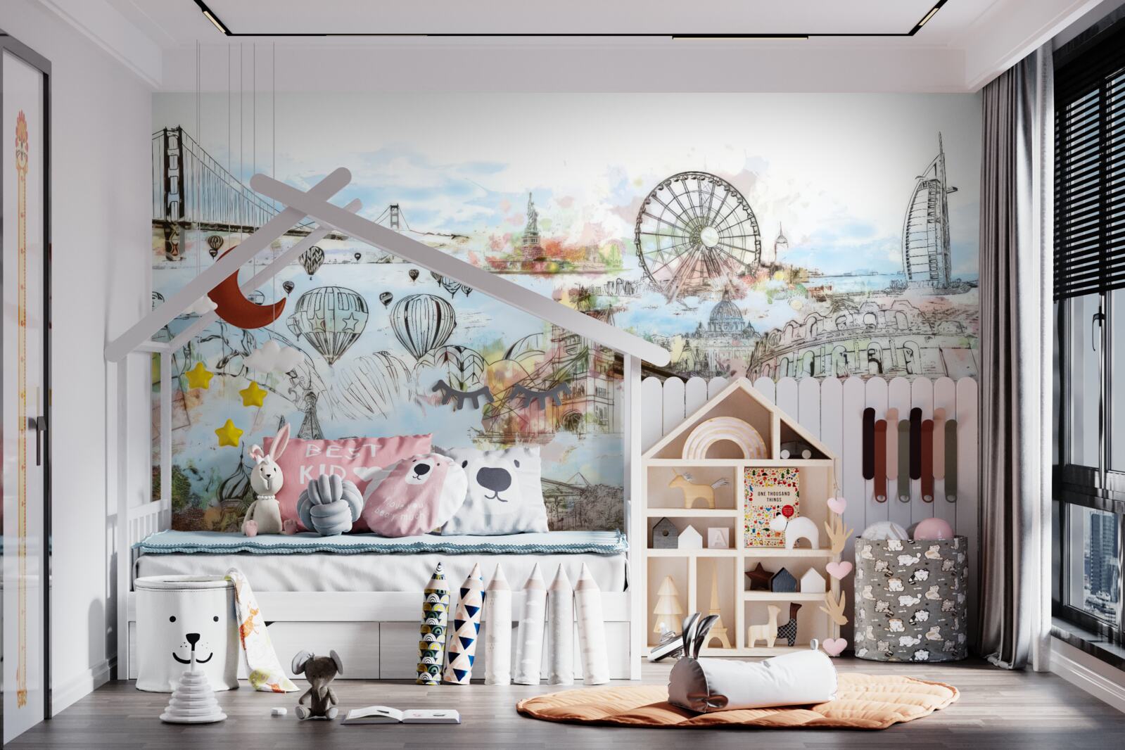 Fotobehang schetsen van verschillende bekende plaatsen