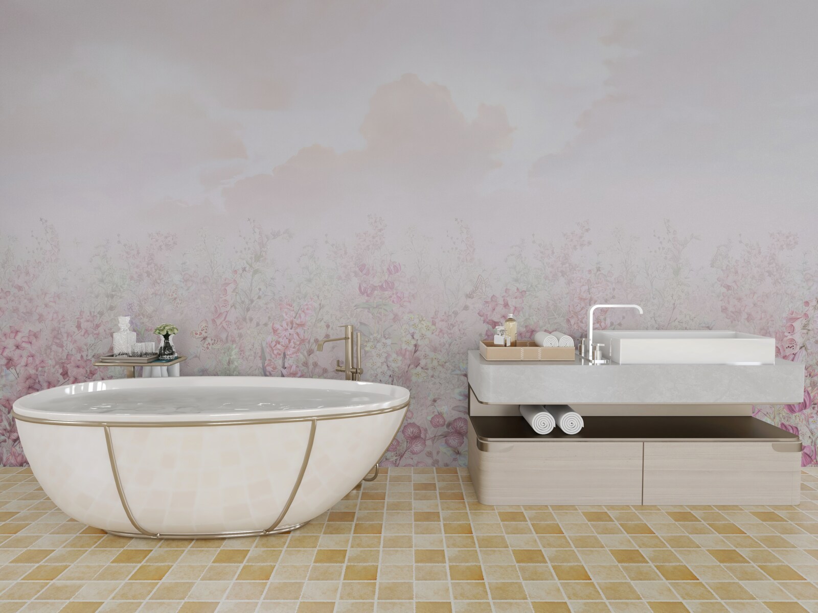 Fotobehang Een weide bezaaid met bloemen