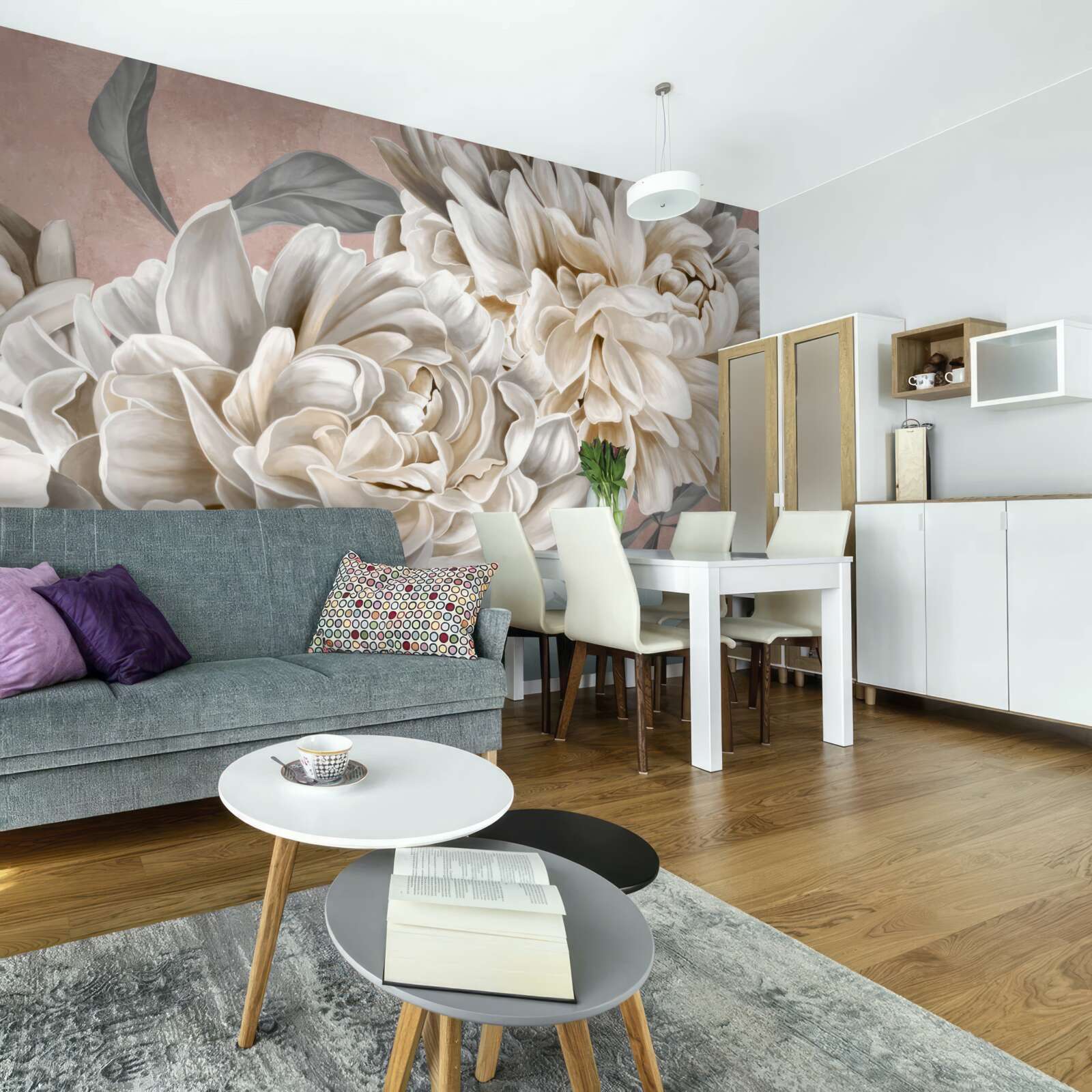 Fotobehang grote sneeuwwitte pioenrozen