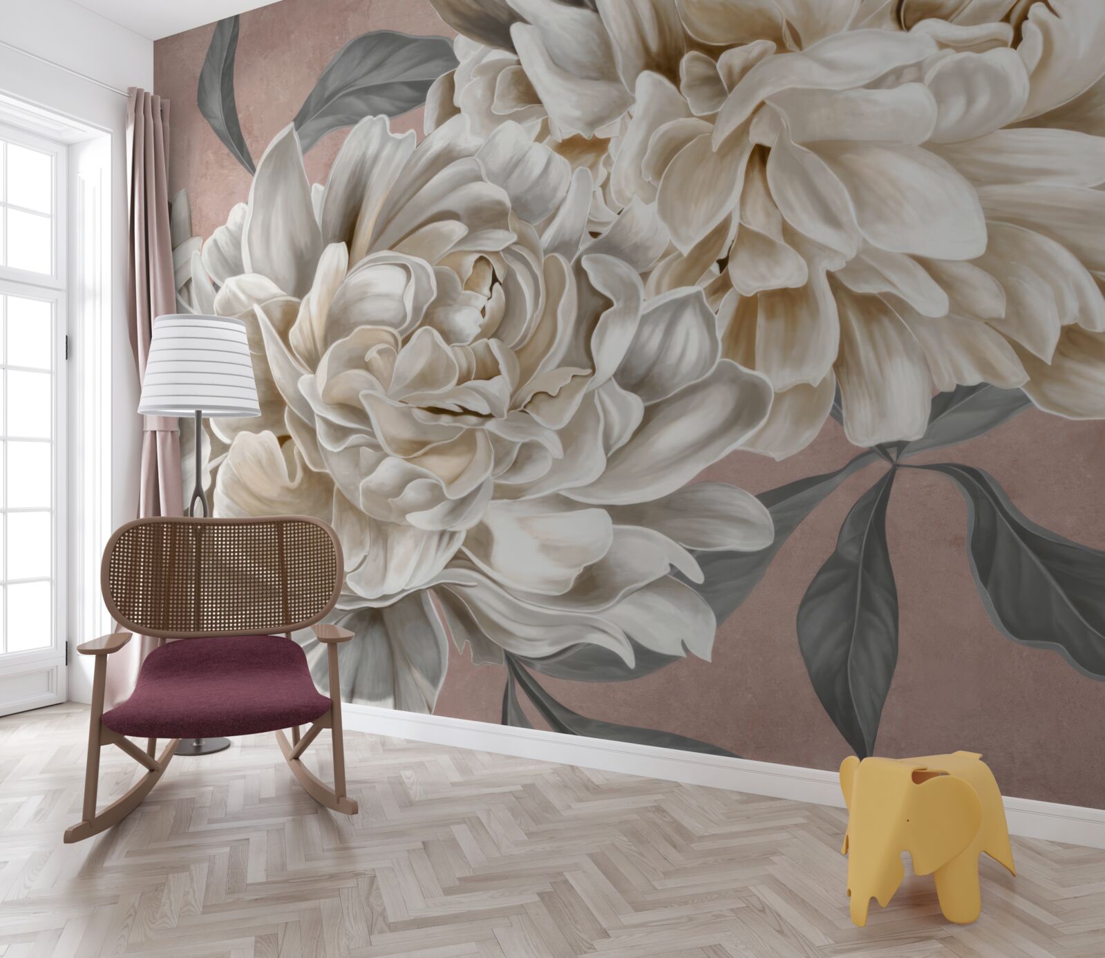 Fotobehang grote sneeuwwitte pioenrozen