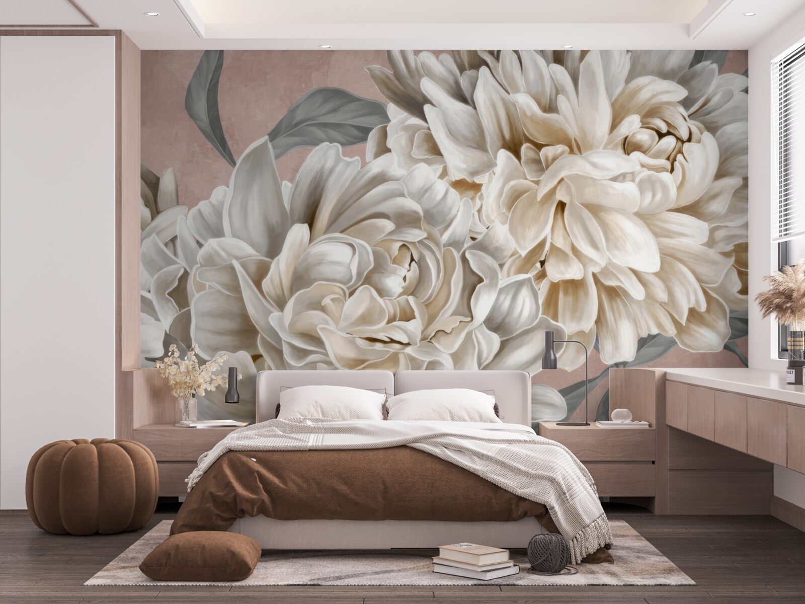 Fotobehang grote sneeuwwitte pioenrozen