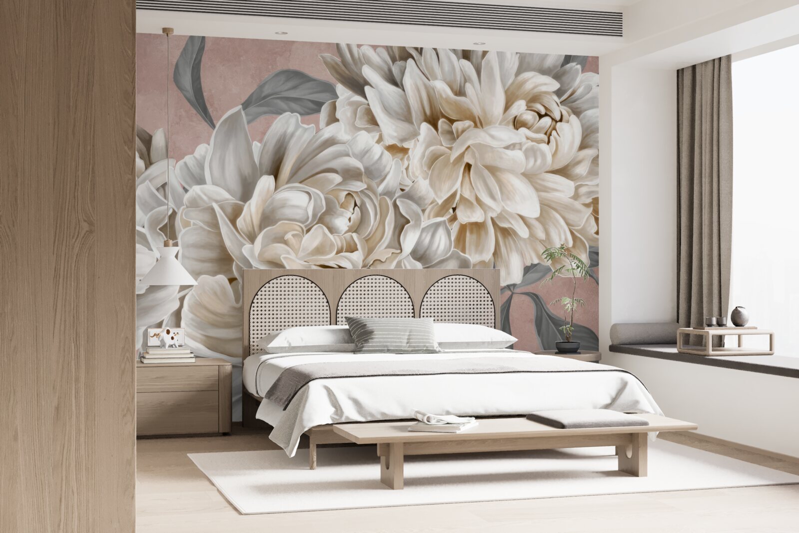 Fotobehang grote sneeuwwitte pioenrozen