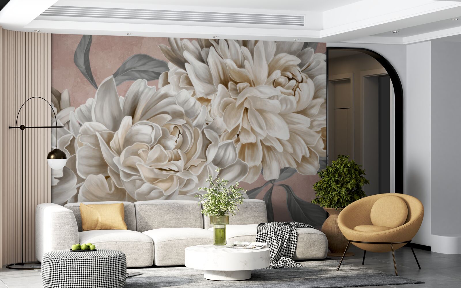 Fotobehang grote sneeuwwitte pioenrozen