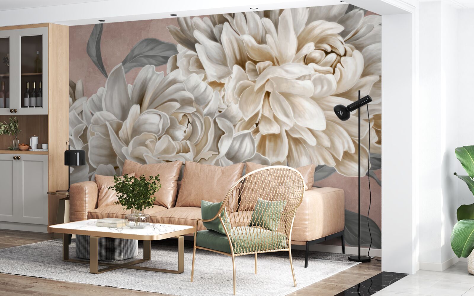 Fotobehang grote sneeuwwitte pioenrozen