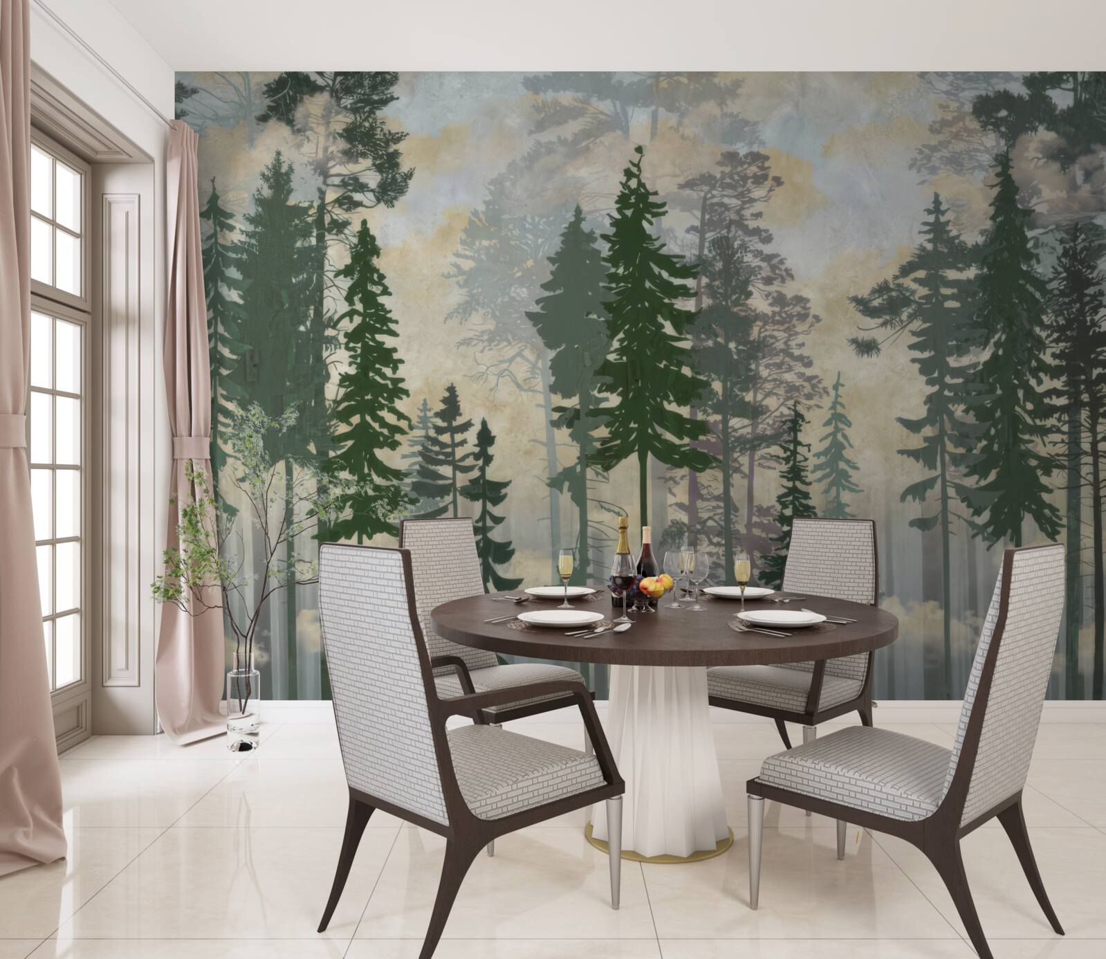 Fotobehang mistig bos gehuld in bomen