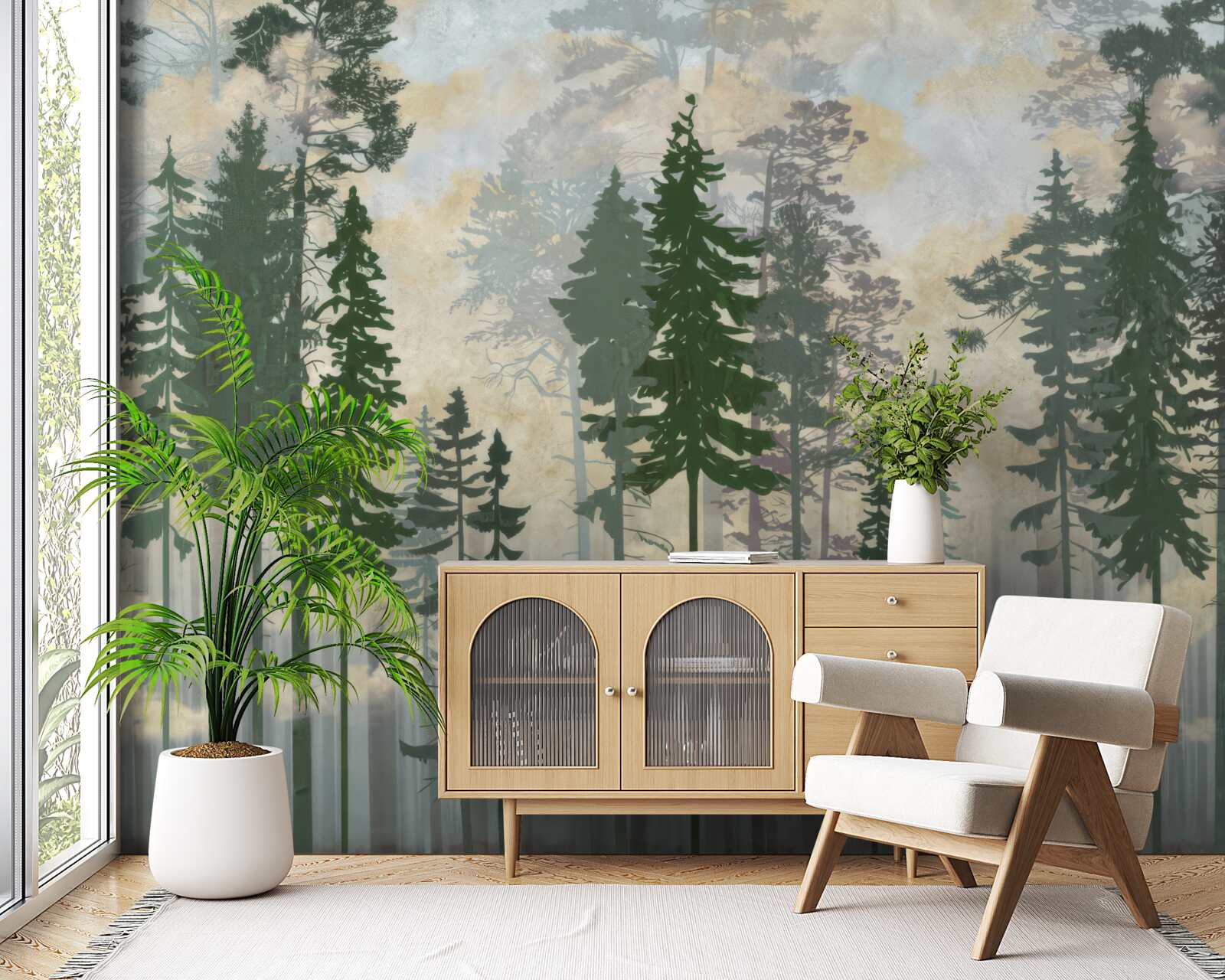 Fotobehang mistig bos gehuld in bomen