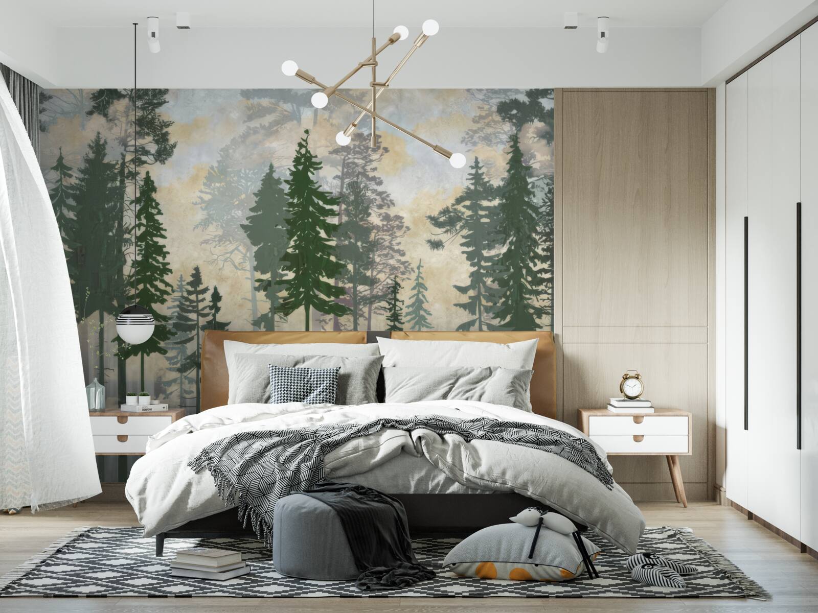 Fotobehang mistig bos gehuld in bomen