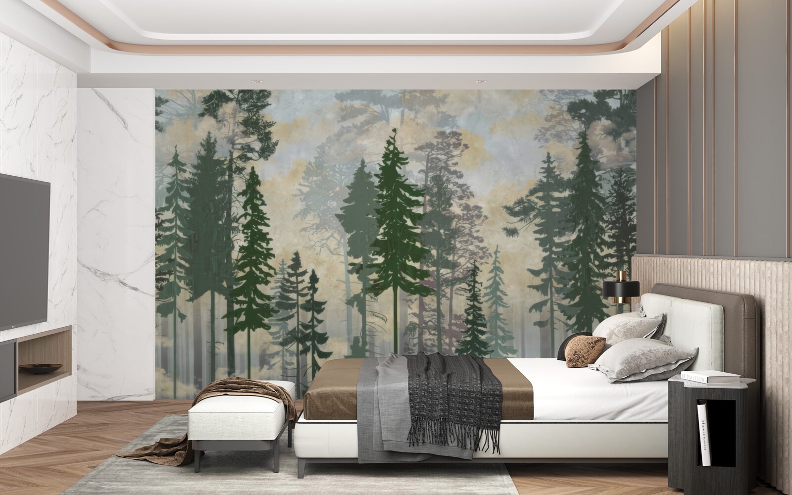 Fotobehang mistig bos gehuld in bomen