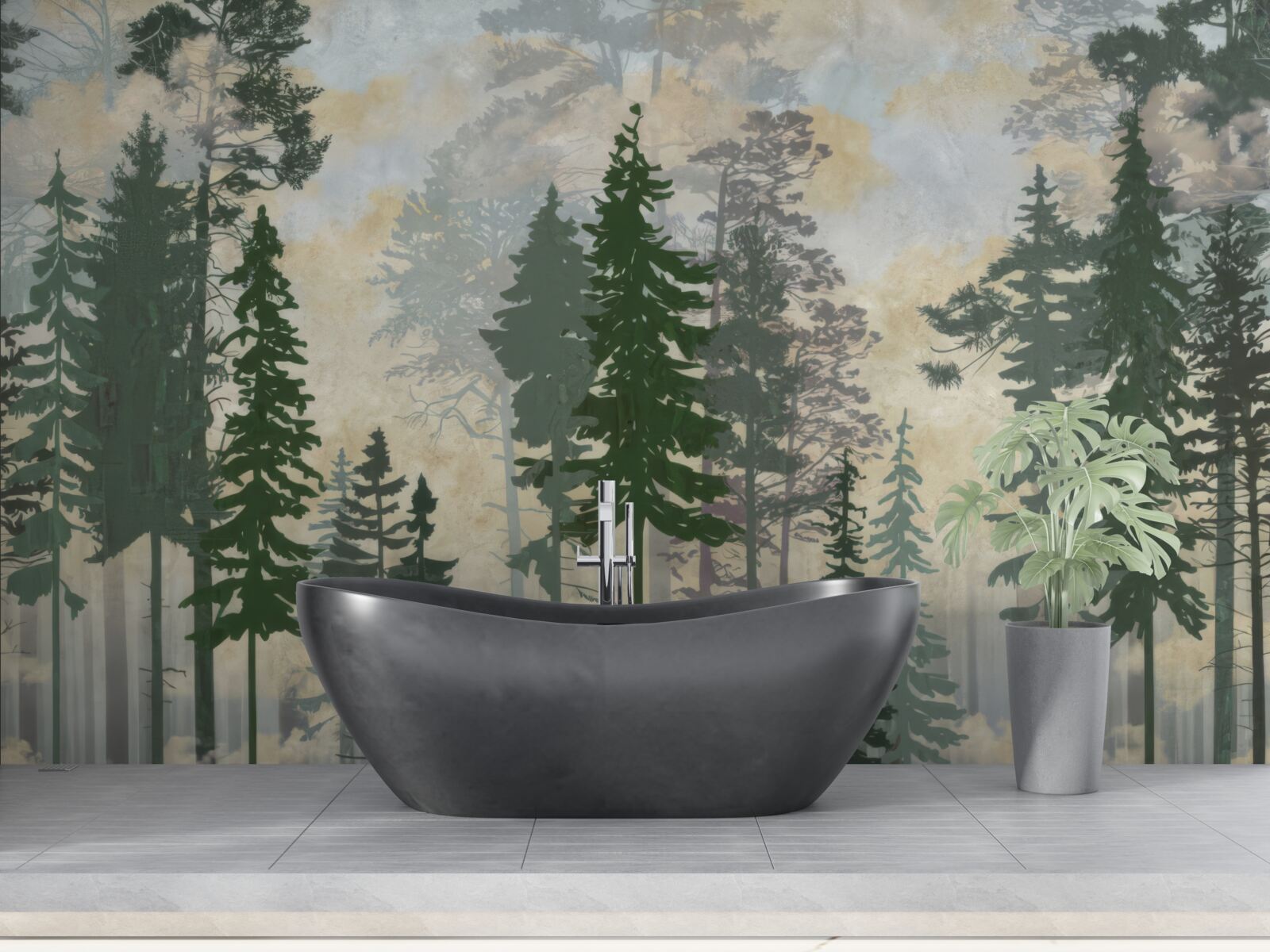 Fotobehang mistig bos gehuld in bomen