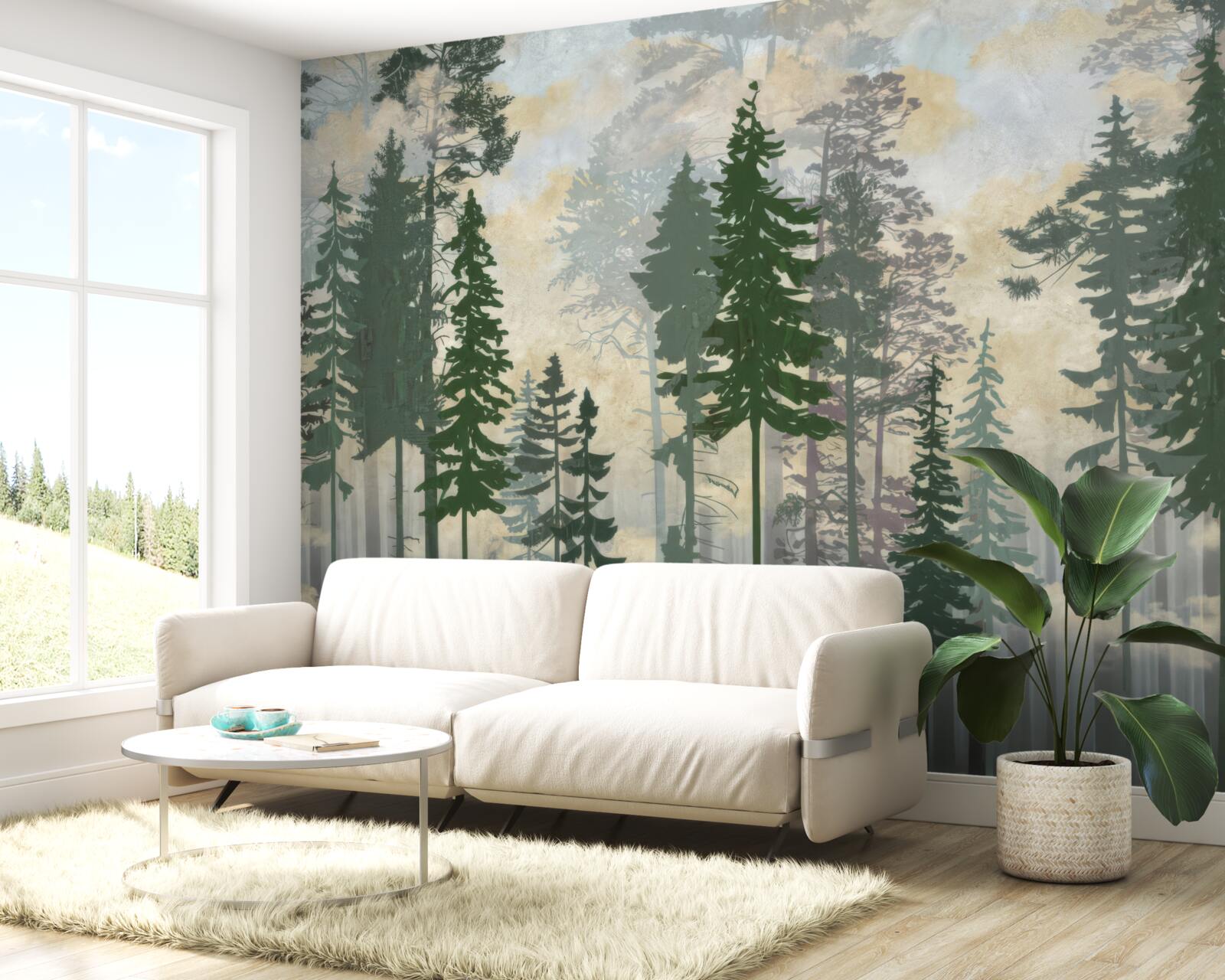 Fotobehang mistig bos gehuld in bomen