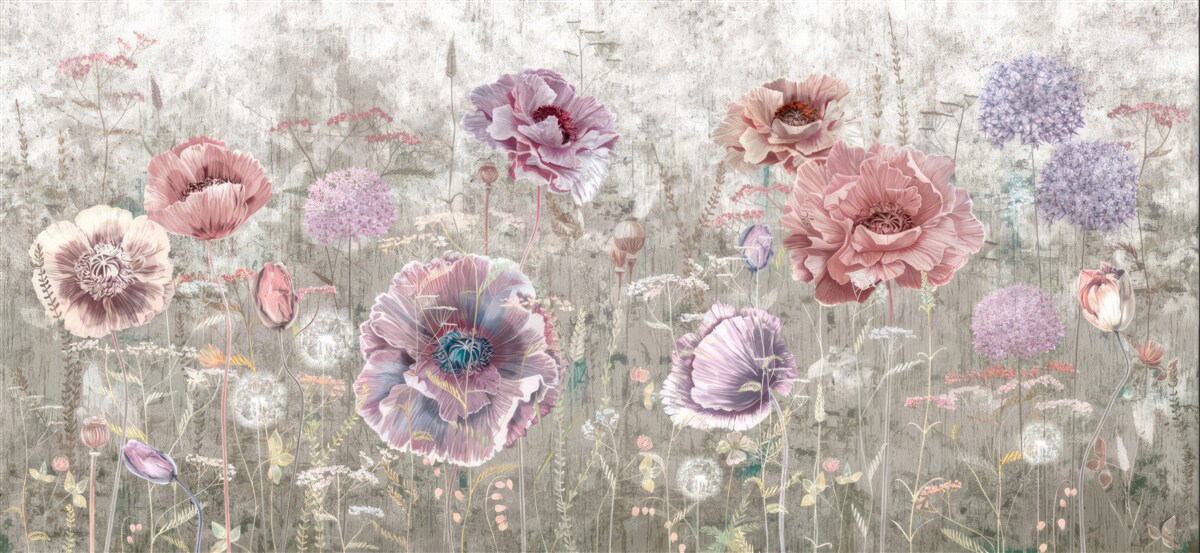 Fotobehang klaprozen in alle kleuren in de wei