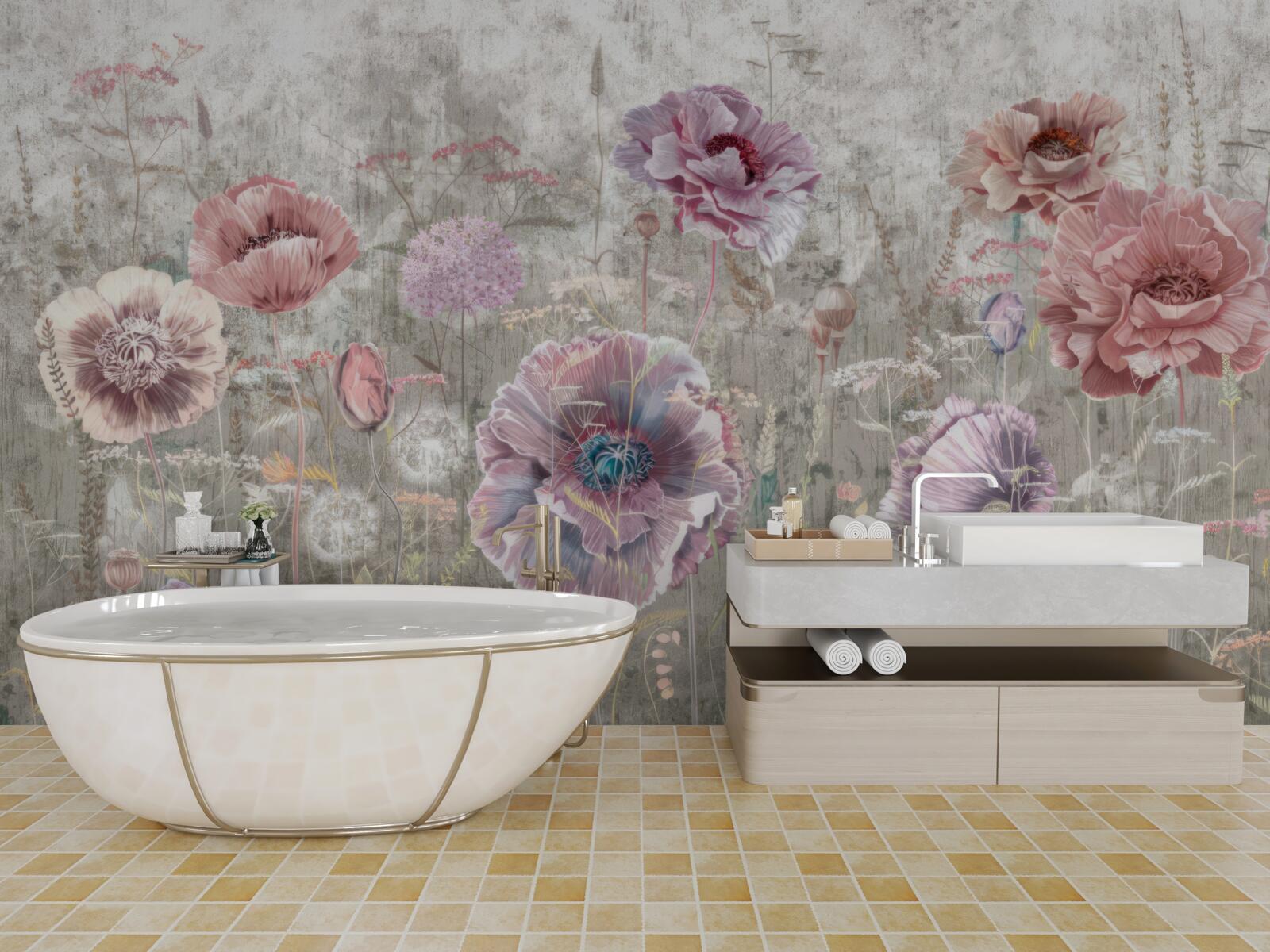 Fotobehang klaprozen in alle kleuren in de wei