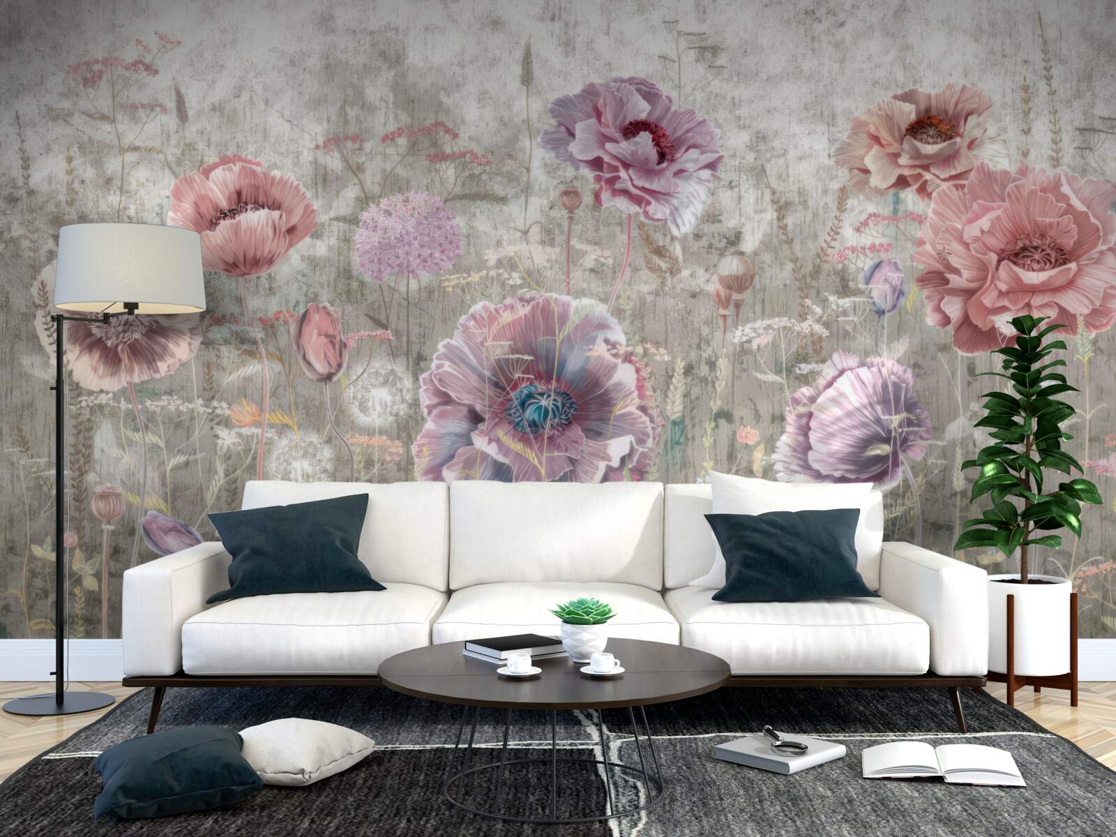 Fotobehang klaprozen in alle kleuren in de wei