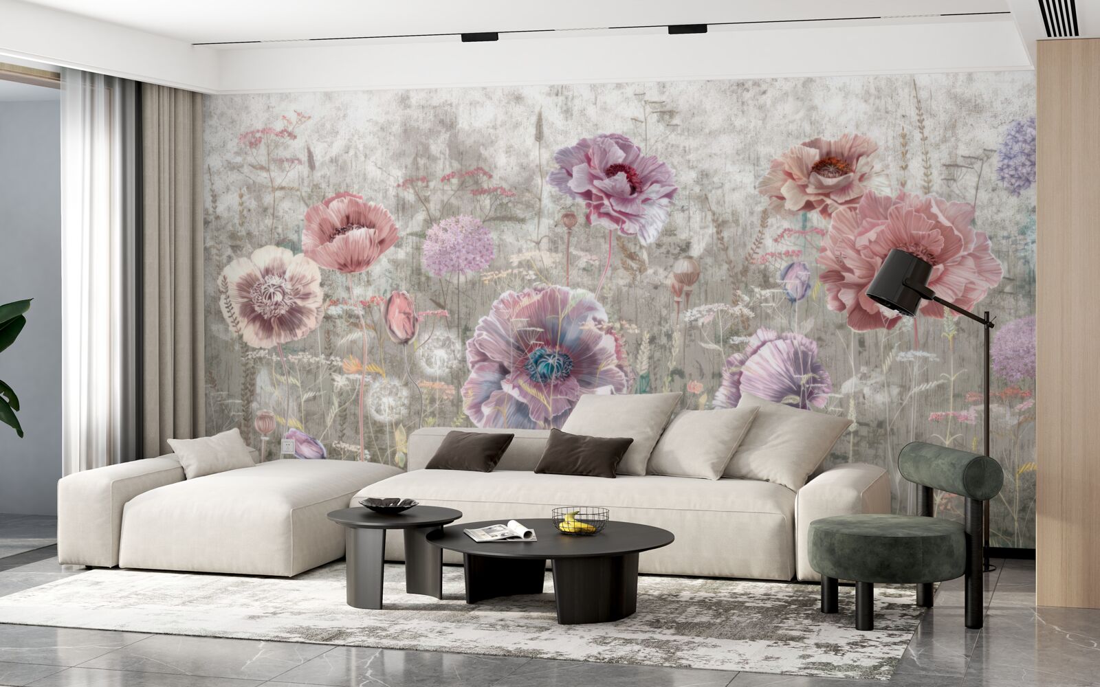 Fotobehang klaprozen in alle kleuren in de wei