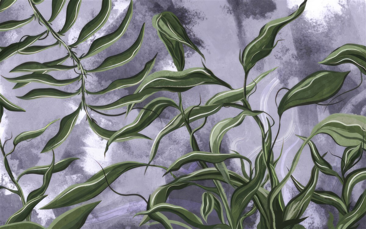 Fotobehang er zijn groene varenbladeren onder het water