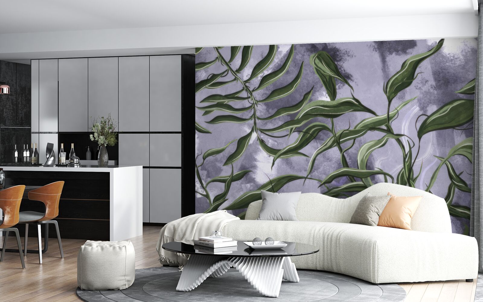 Fotobehang er zijn groene varenbladeren onder het water