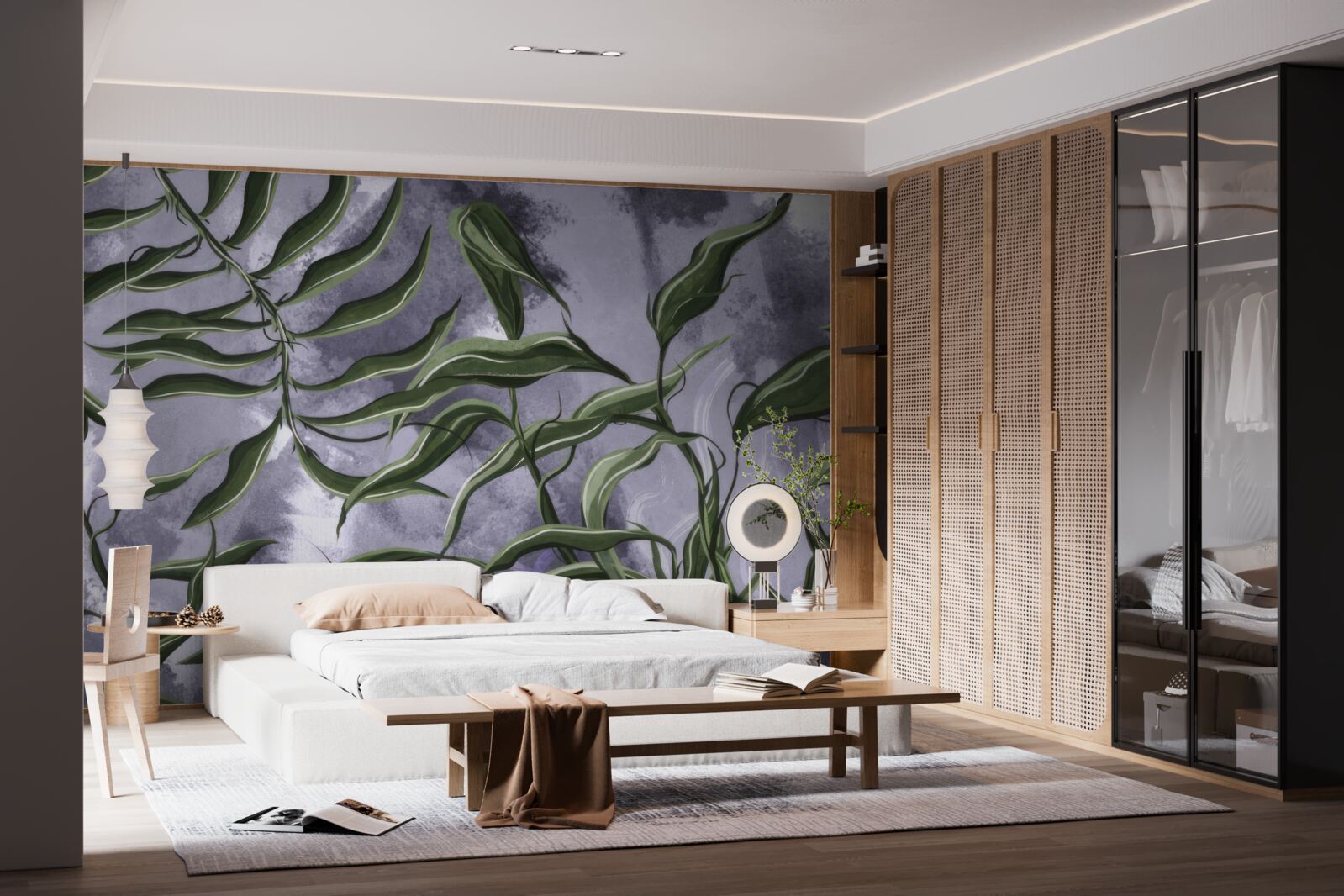 Fotobehang er zijn groene varenbladeren onder het water