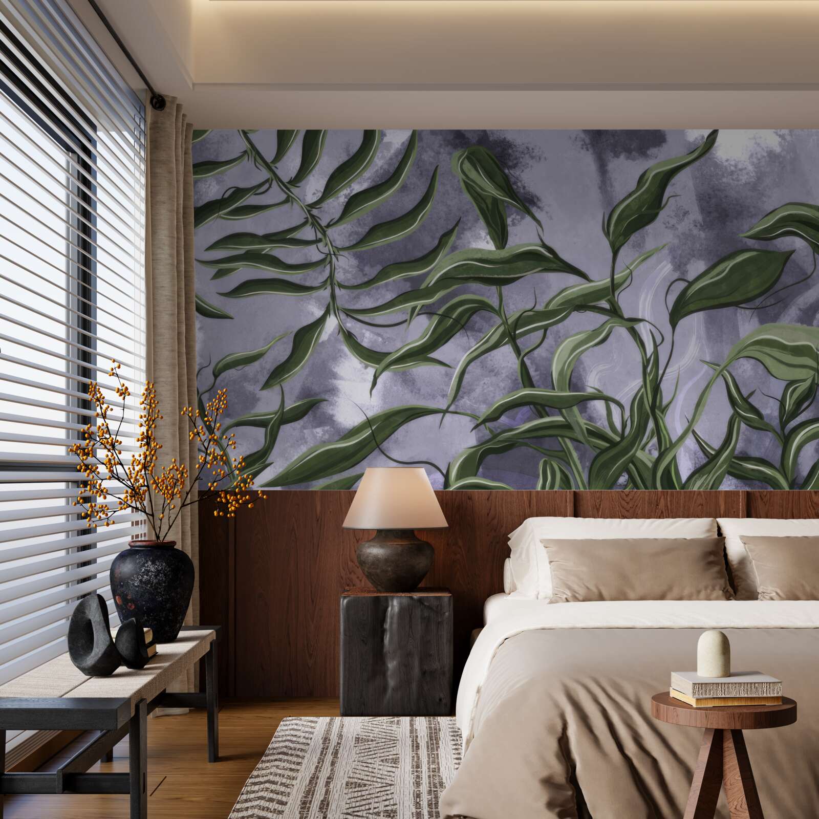 Fotobehang er zijn groene varenbladeren onder het water