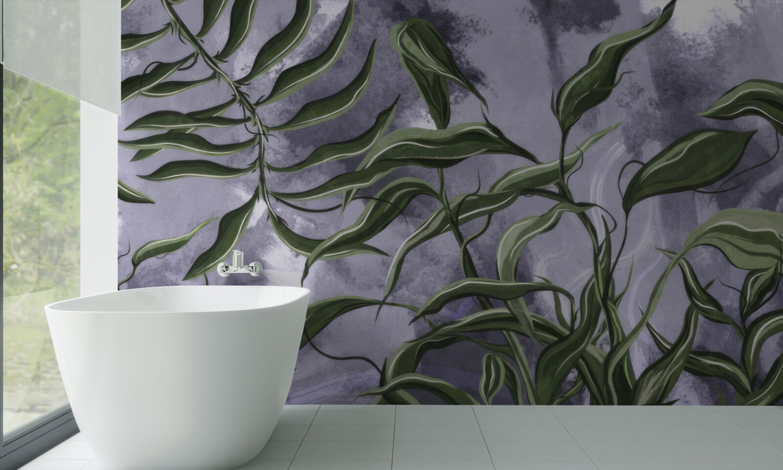 Fotobehang er zijn groene varenbladeren onder het water