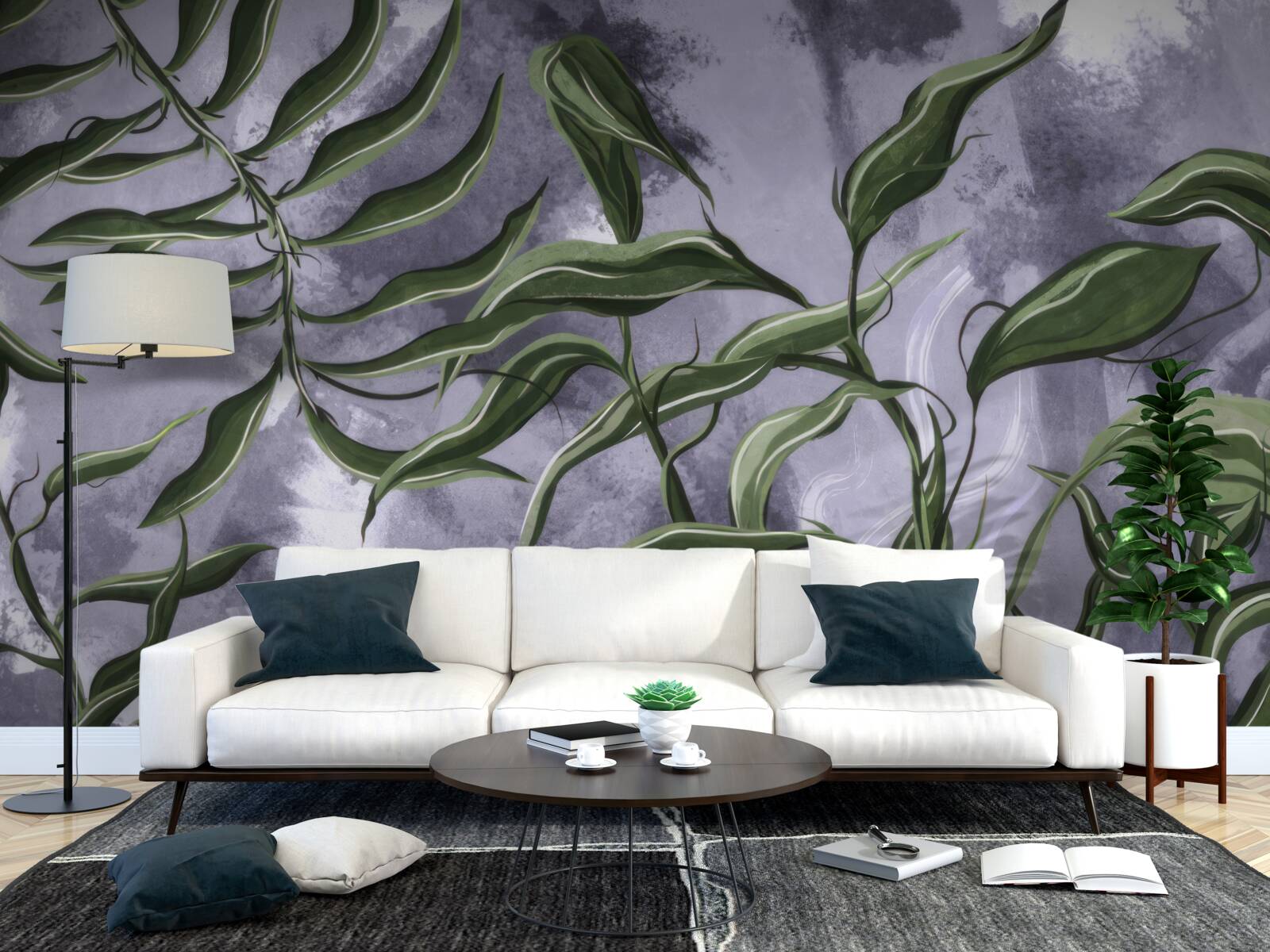 Fotobehang er zijn groene varenbladeren onder het water