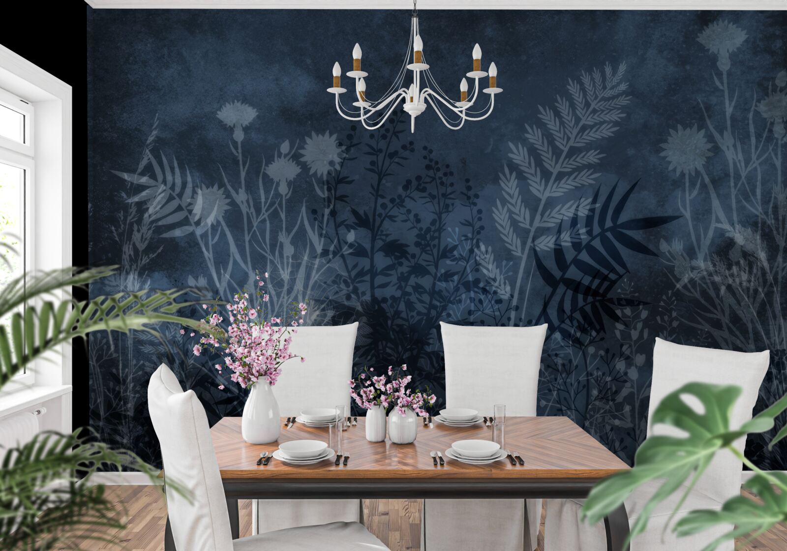 Fotobehang de nachtmaan verlicht de weide en de planten