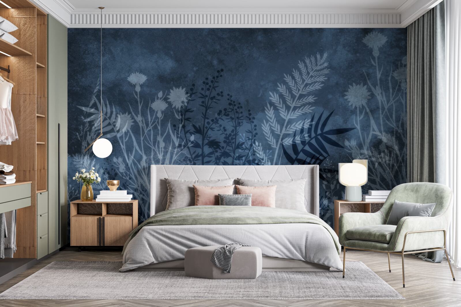 Fotobehang de nachtmaan verlicht de weide en de planten