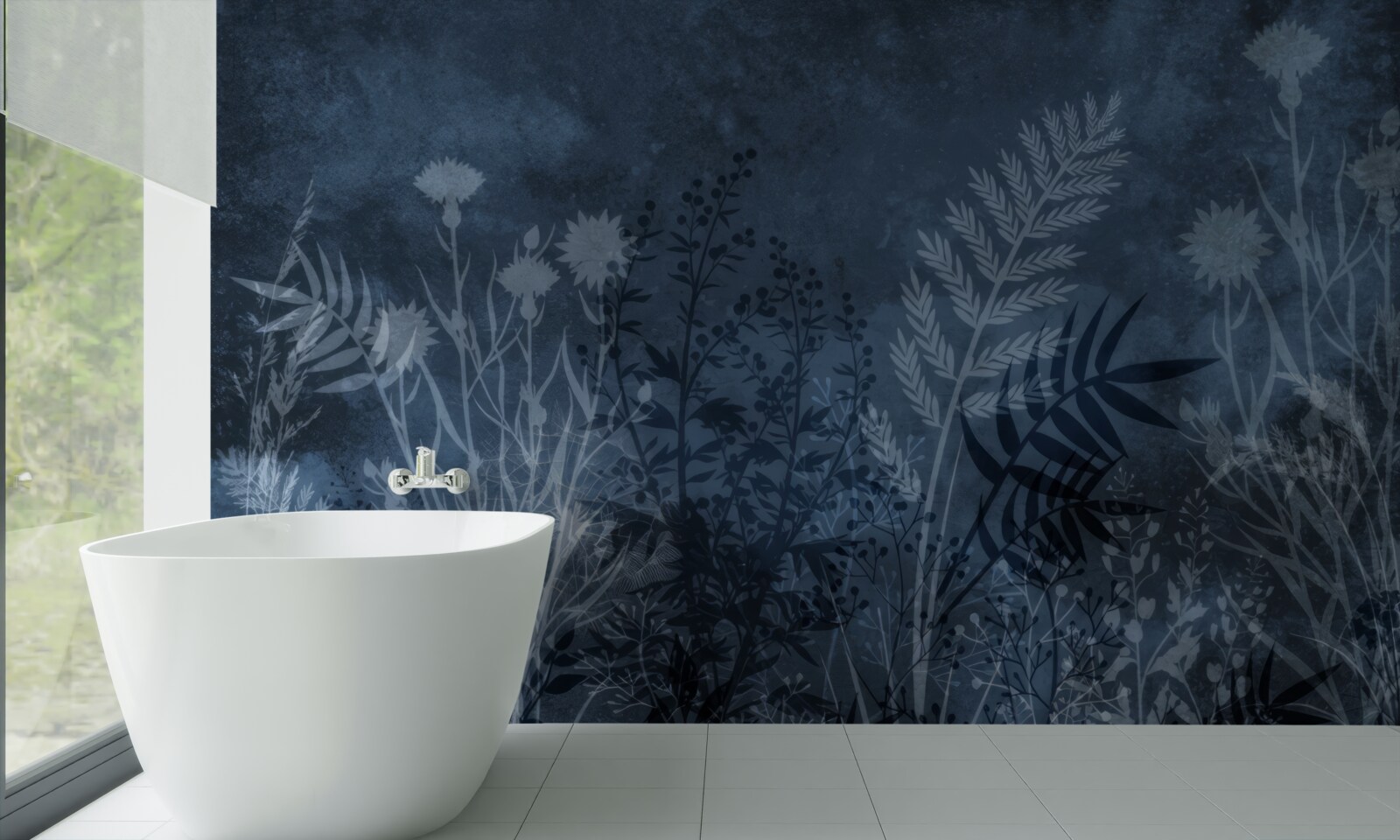 Fotobehang de nachtmaan verlicht de weide en de planten