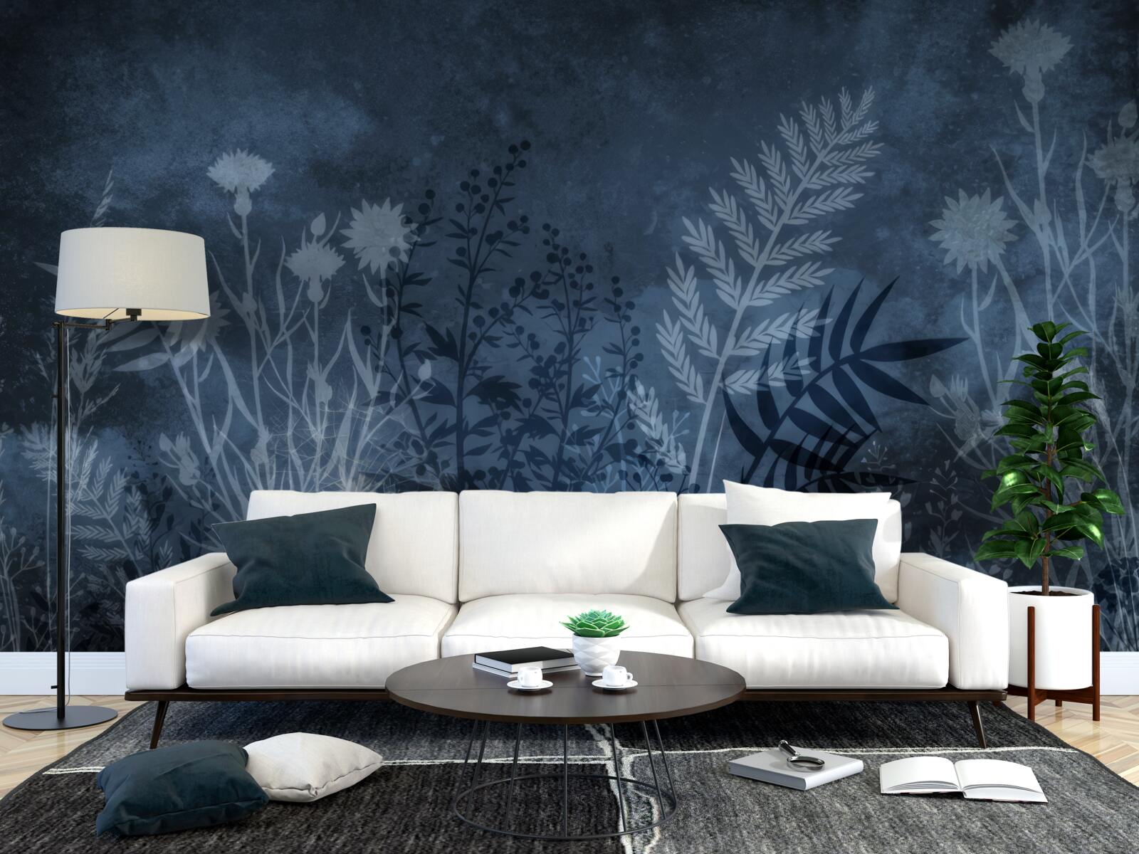 Fotobehang de nachtmaan verlicht de weide en de planten