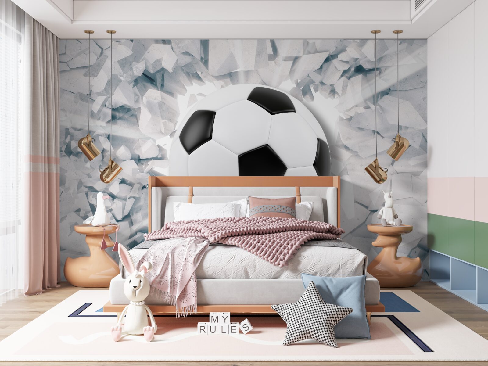 Fotobehang abstracte scène: een voetbal slaat tegen een muur