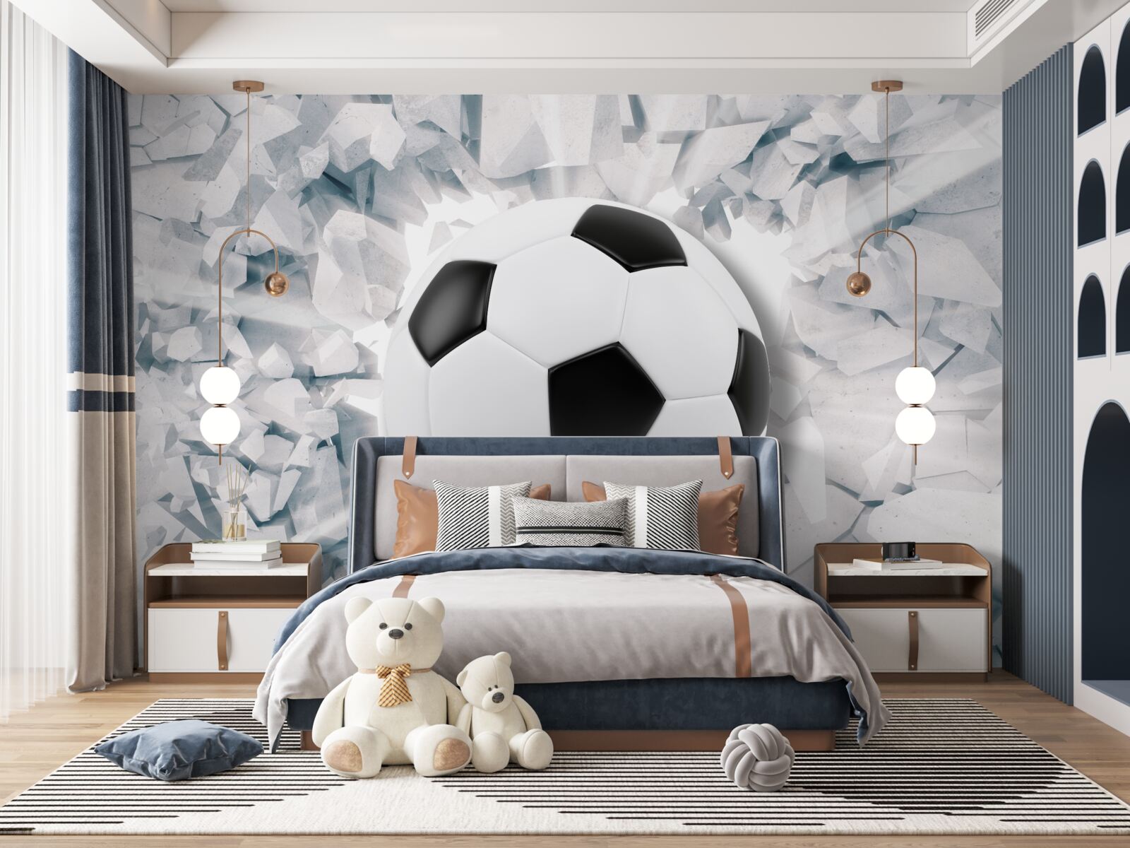 Fotobehang abstracte scène: een voetbal slaat tegen een muur