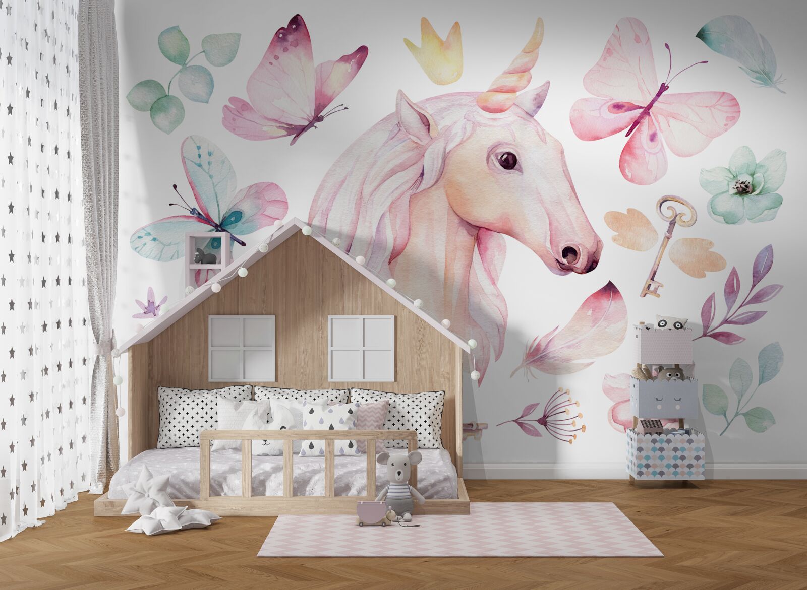 Fotobehang eenhoorn omringd door vlinders en sleutels