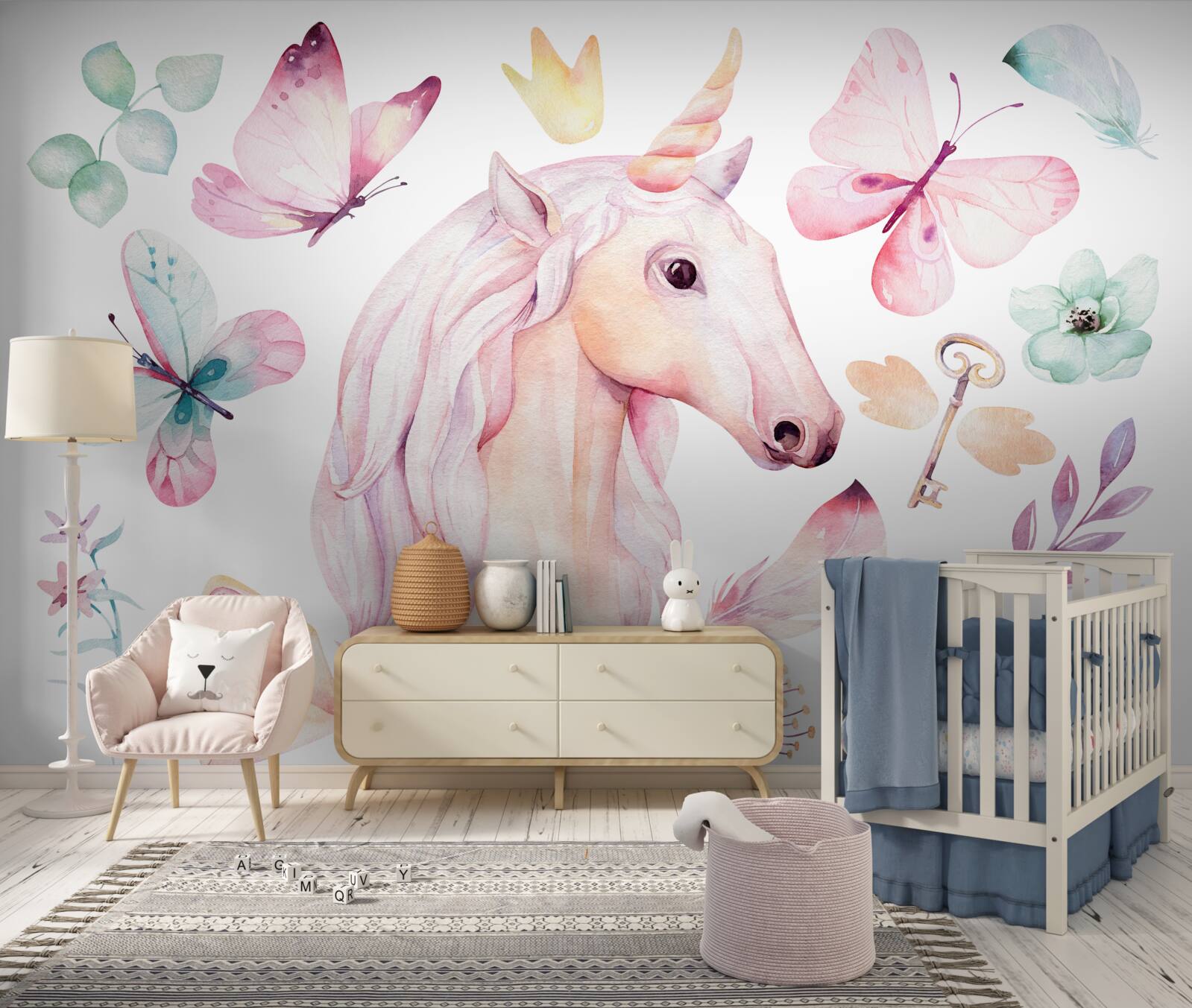 Fotobehang eenhoorn omringd door vlinders en sleutels