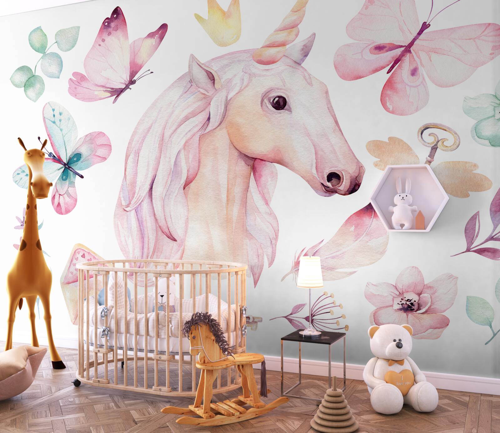 Fotobehang eenhoorn omringd door vlinders en sleutels