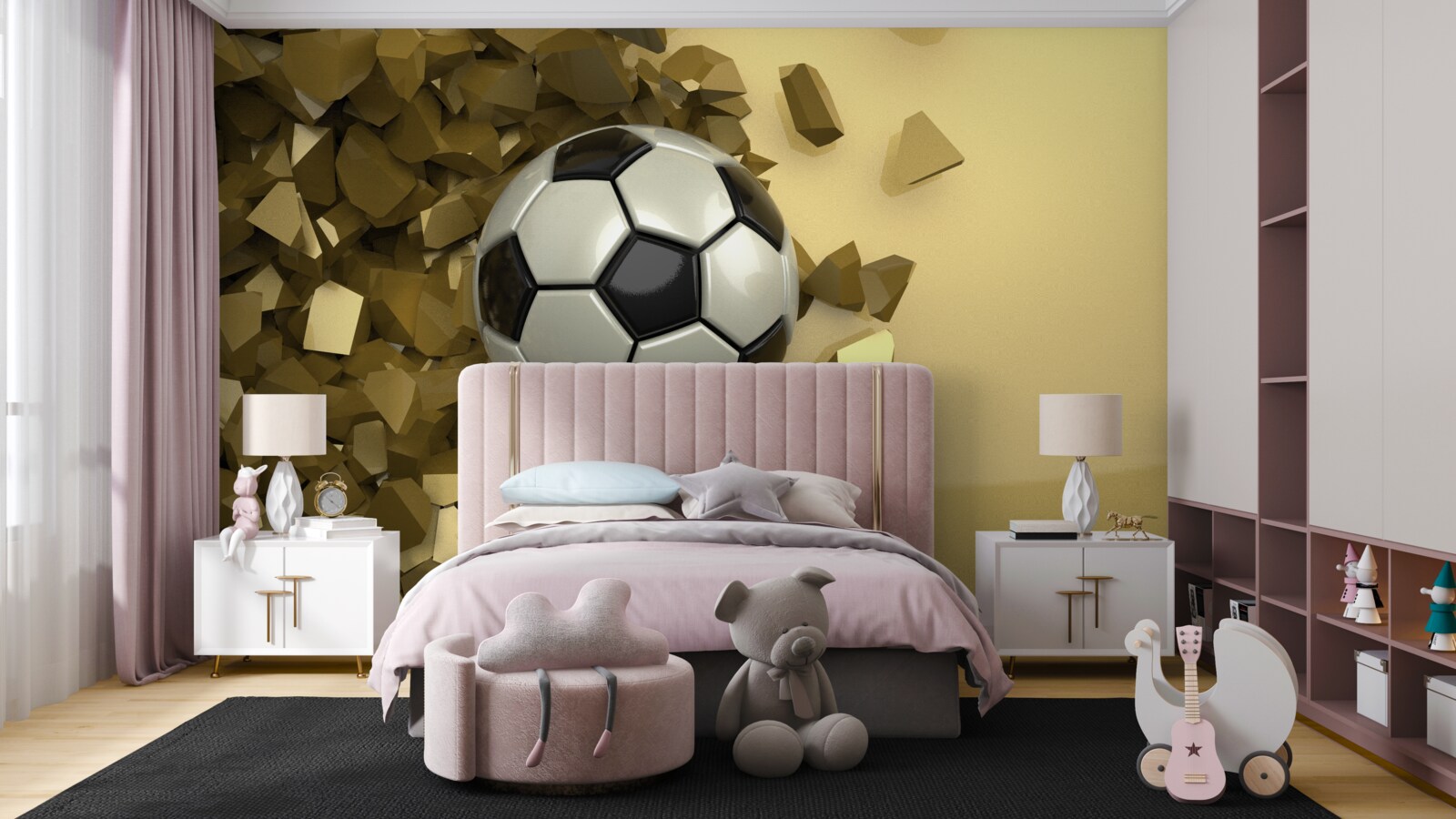 Fotobehang 3d objecten en voetbal