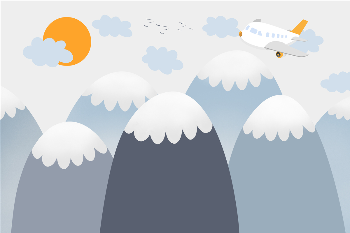 Fotobehang een vliegend vliegtuig vliegt richting de zon over de bergtoppen