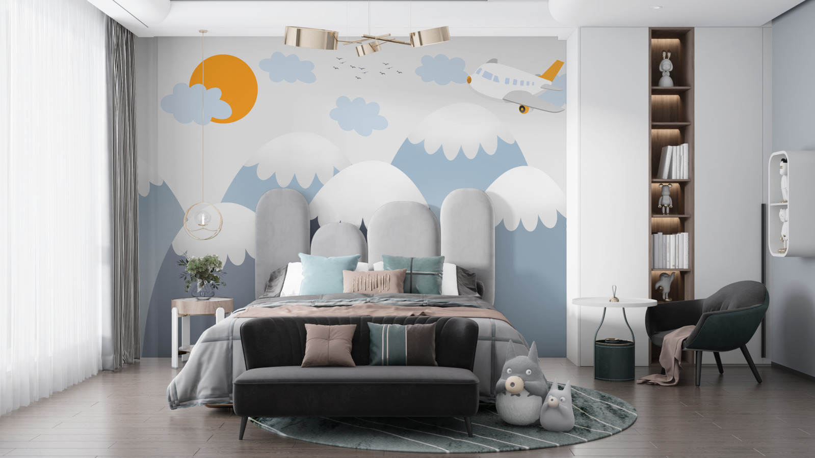 Fotobehang een vliegend vliegtuig vliegt richting de zon over de bergtoppen