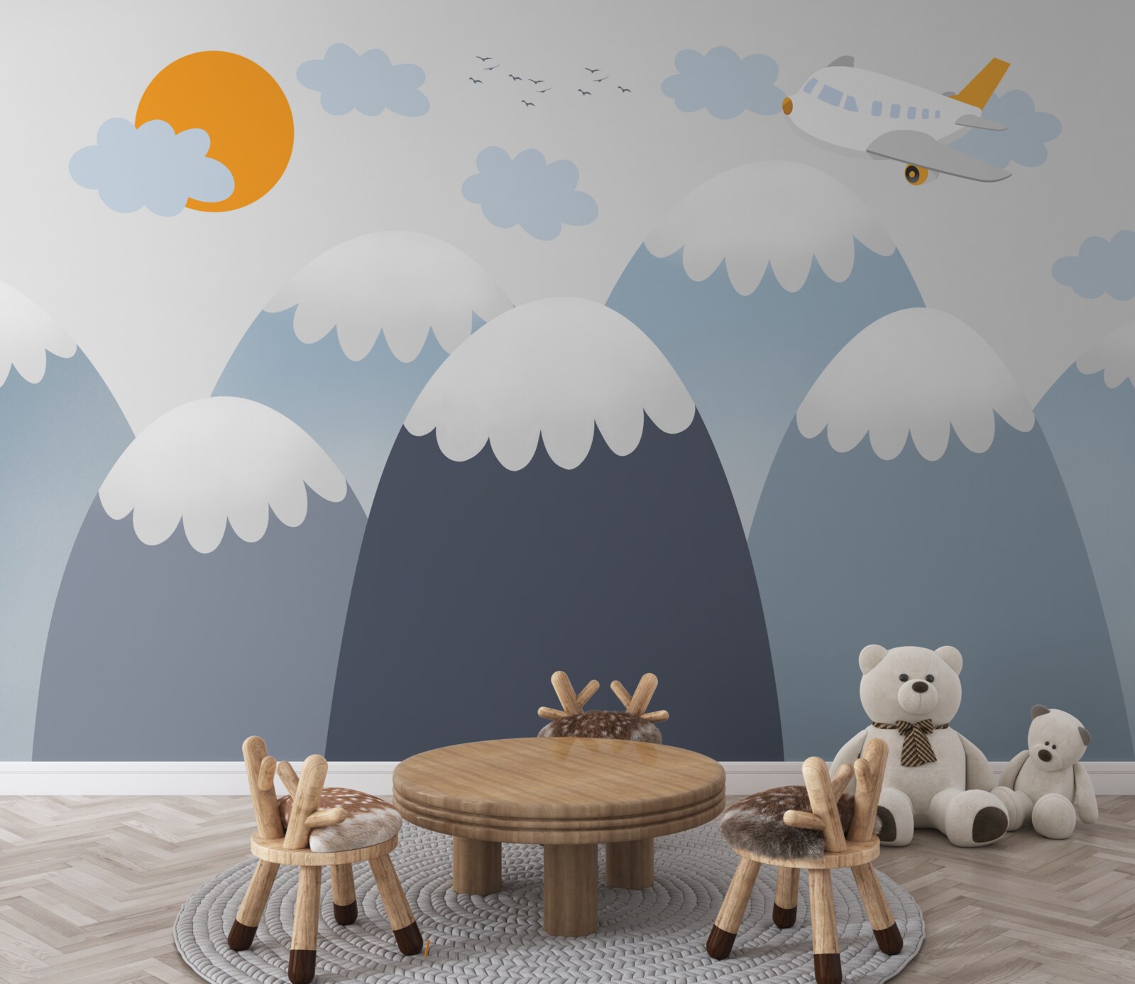 Fotobehang een vliegend vliegtuig vliegt richting de zon over de bergtoppen