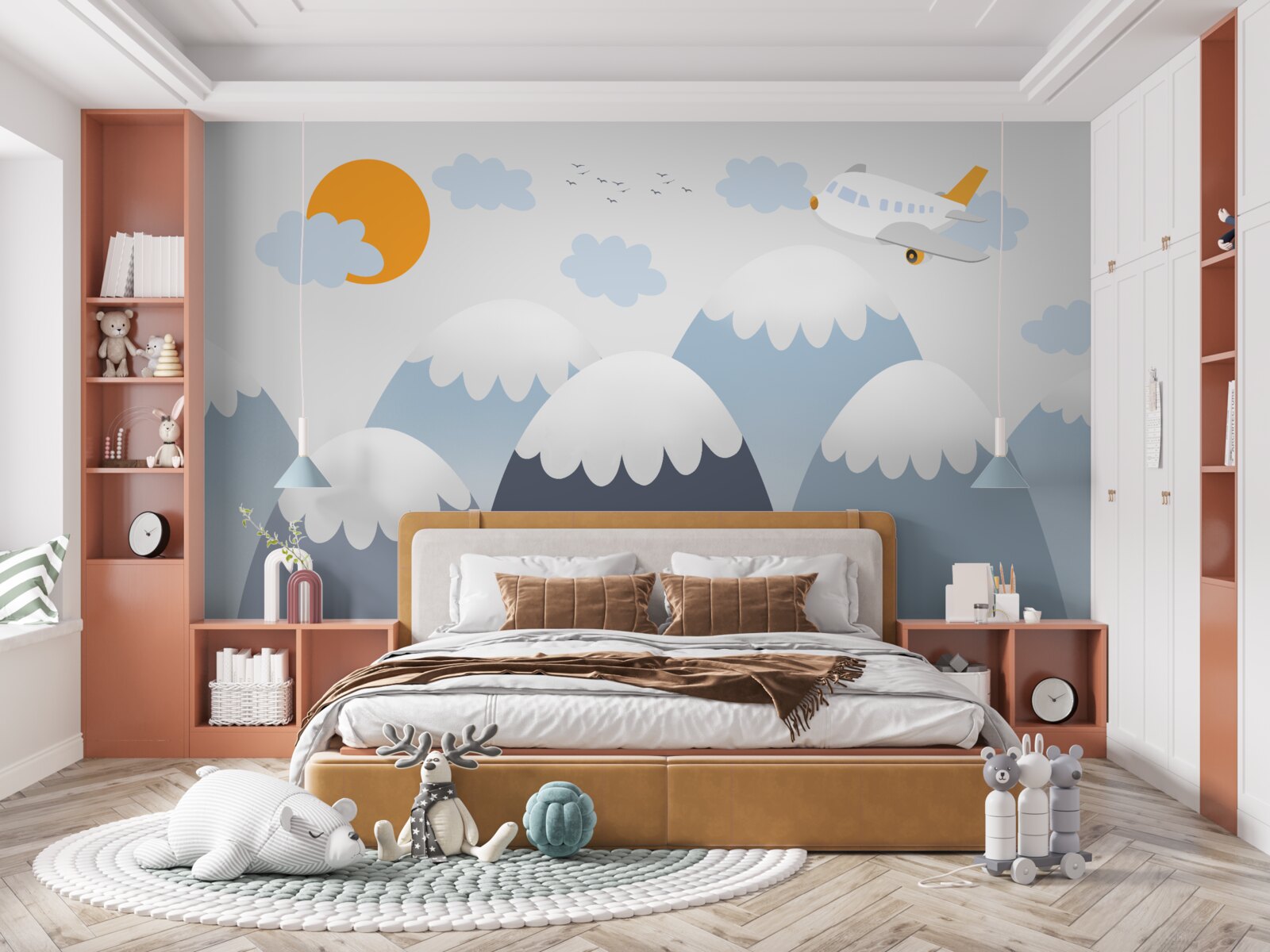 Fotobehang een vliegend vliegtuig vliegt richting de zon over de bergtoppen