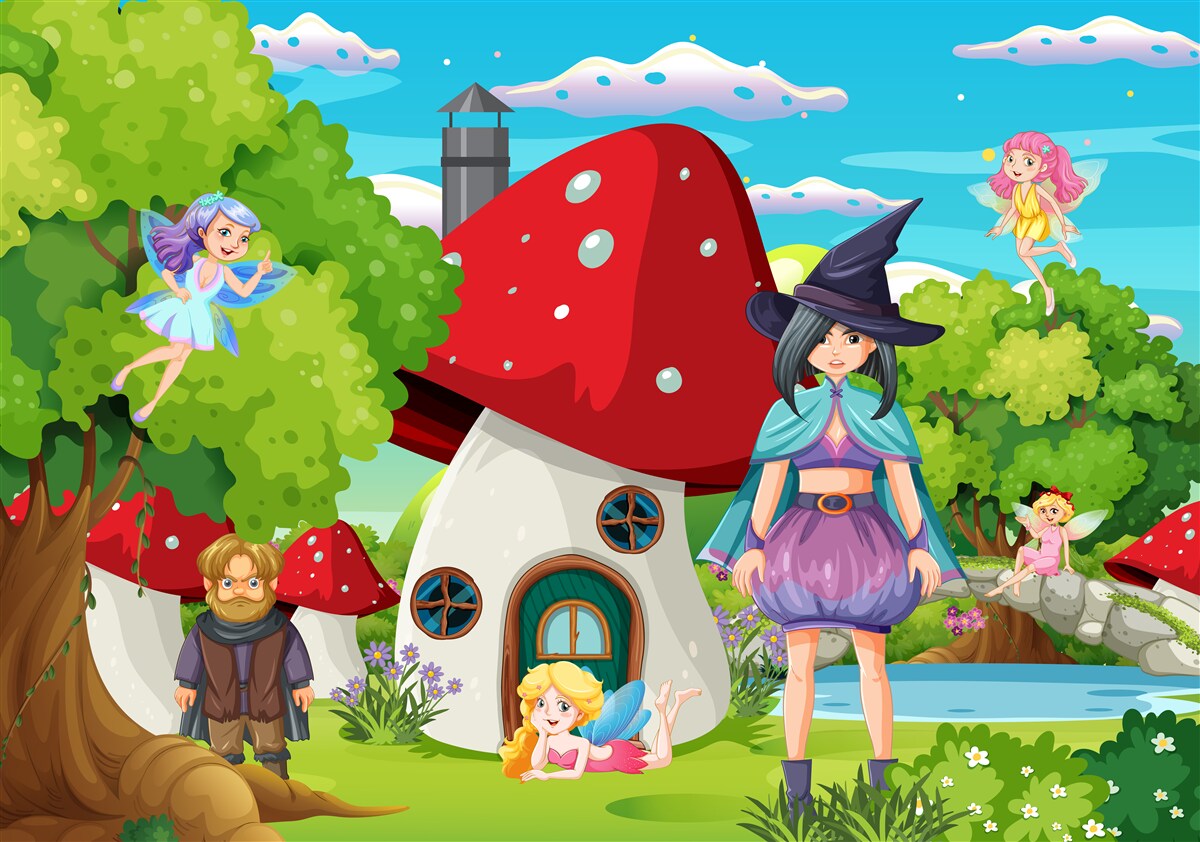 Fotobehang bewoners van een sprookjeshuis in de vorm van een paddenstoel