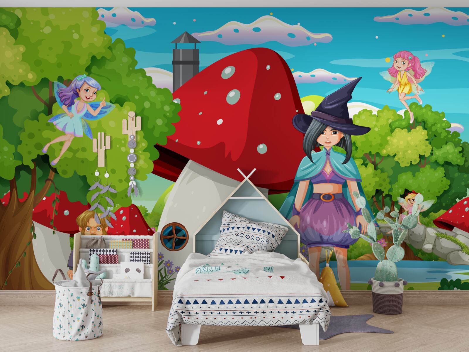 Fotobehang bewoners van een sprookjeshuis in de vorm van een paddenstoel