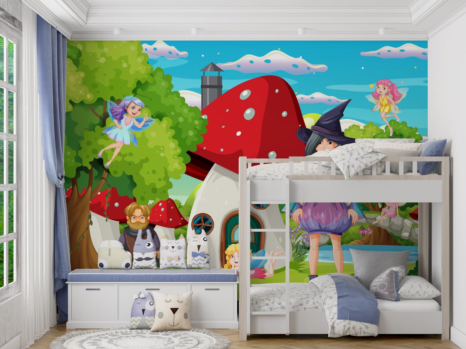 Fotobehang bewoners van een sprookjeshuis in de vorm van een paddenstoel