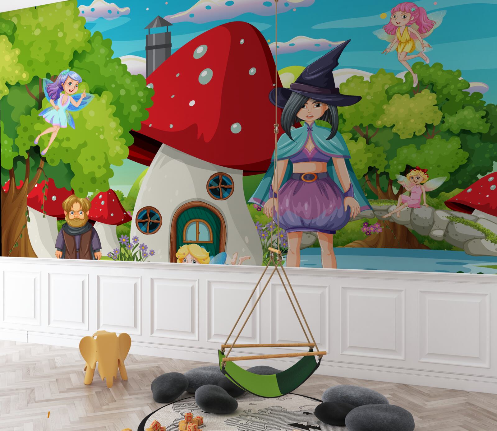 Fotobehang bewoners van een sprookjeshuis in de vorm van een paddenstoel