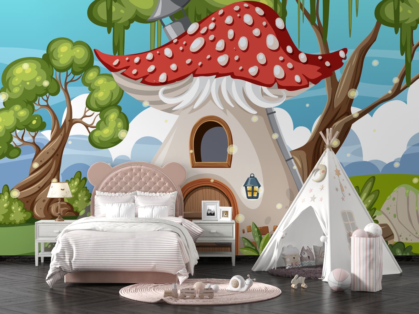 Fotobehang charmant paddenstoelenhuis in de woestijn