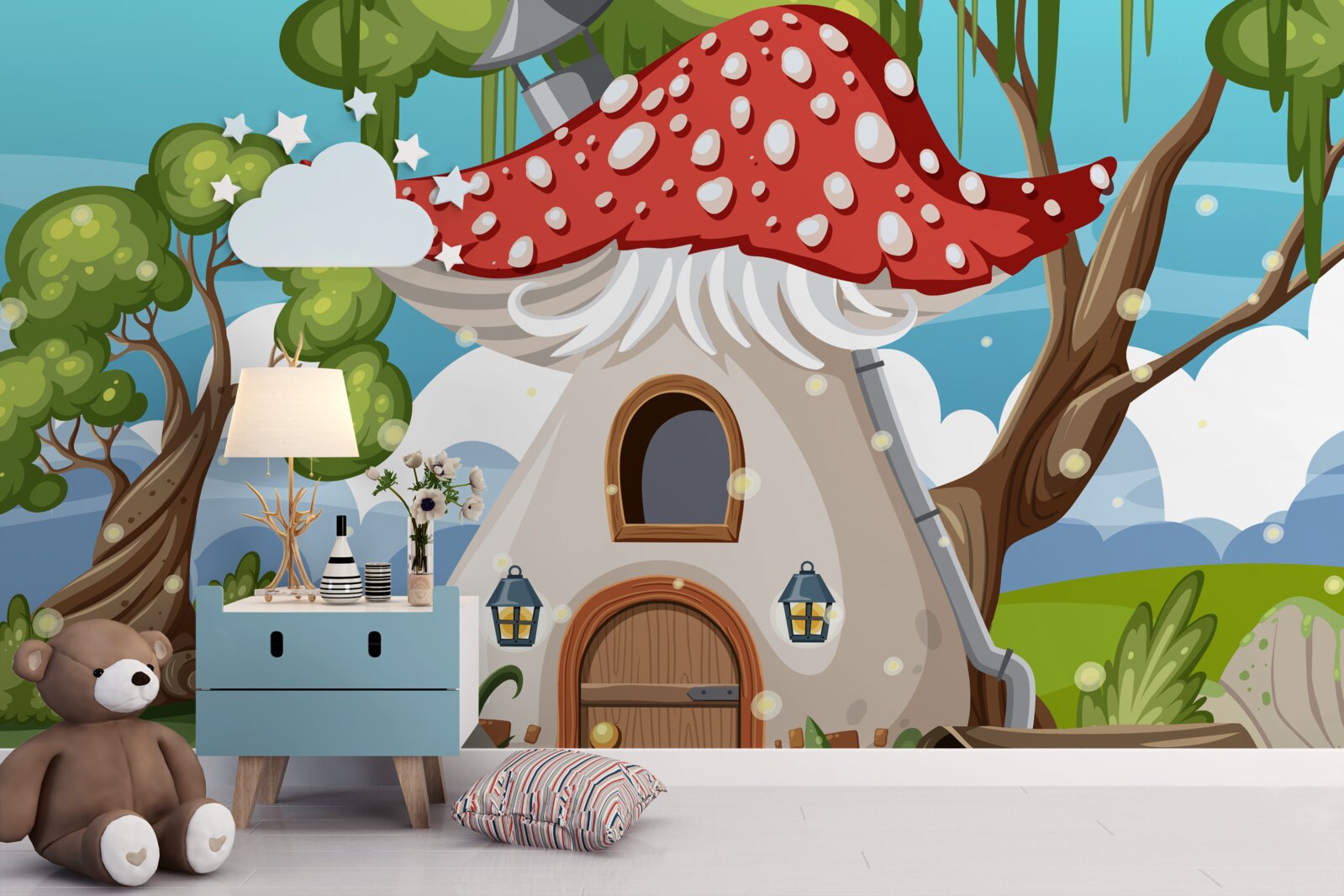 Fotobehang charmant paddenstoelenhuis in de woestijn